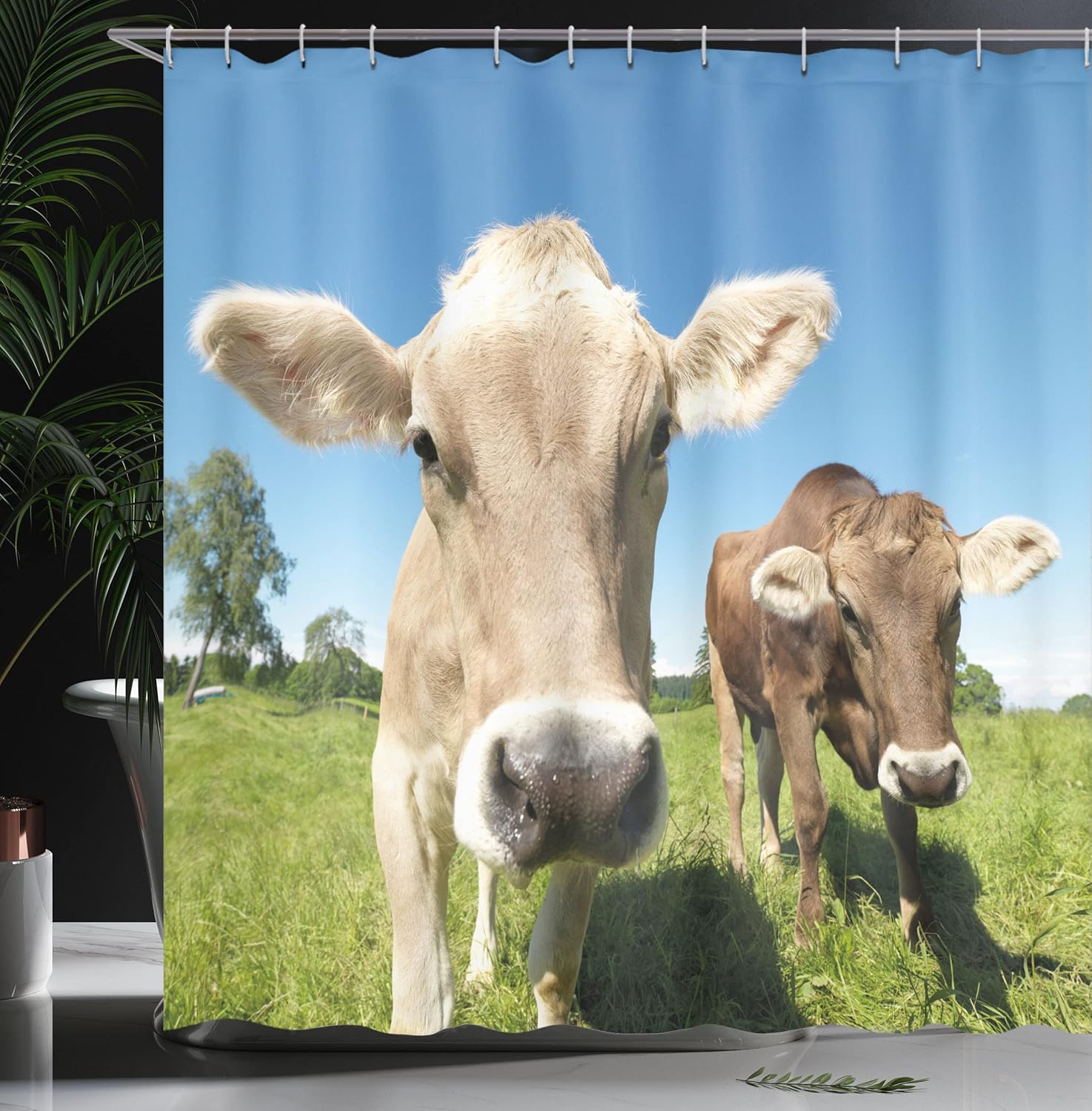 Ambesonne Farm Animal Shower Curtain, Close Up Sweet Photo of Cows at Meadow in a with Open Sky, Cloth Fabric Bathroom Decor Set with Hooks, 69" W x 70" L, Apple Green Tan Sky Blue Caramel