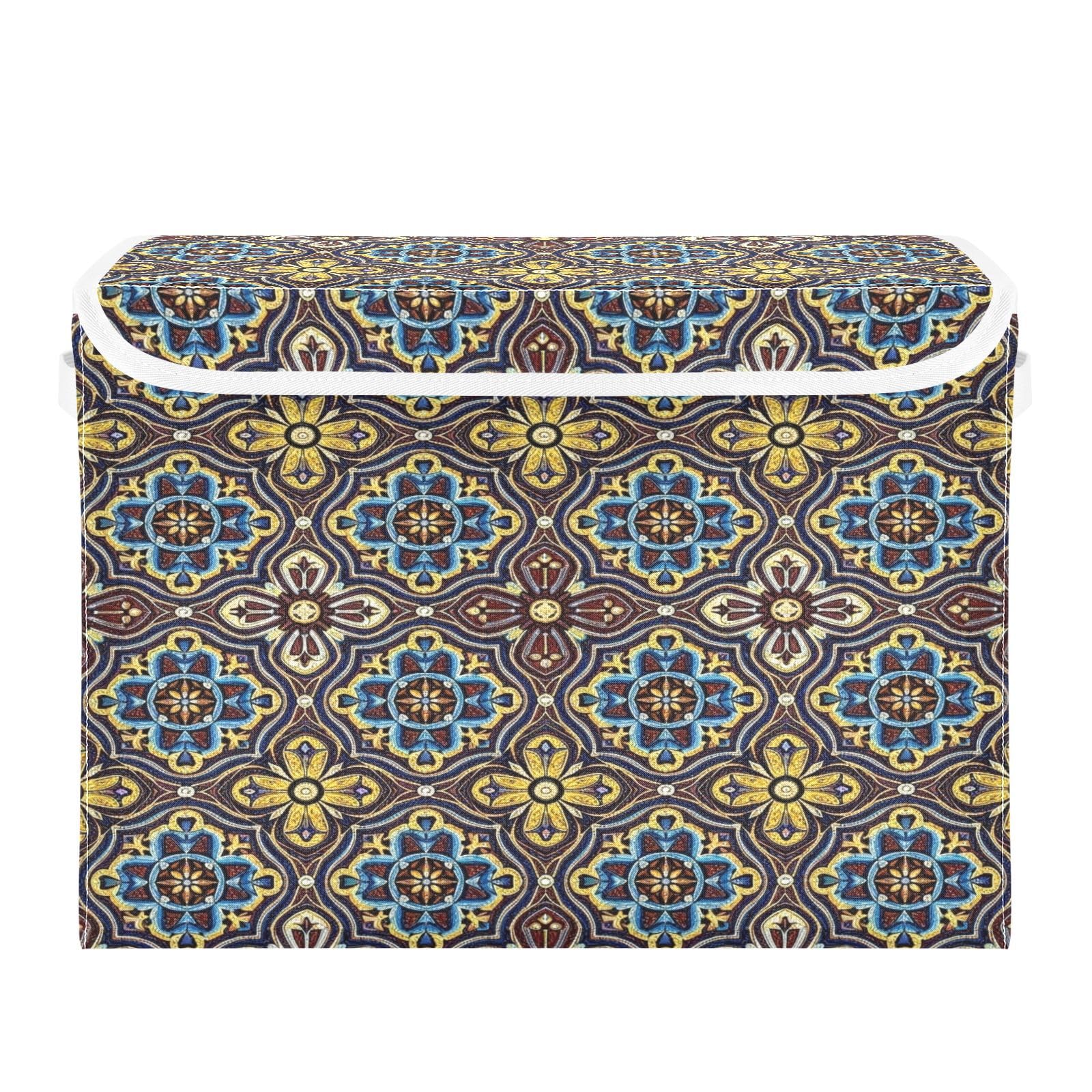 Ewusp Ethnic Prints Fabric Storage Bin with Lid, Decorative Foldable Storage Basket with Handles, Stackable Closet Shelf Organiser Box for Clothes, Books, Bedroom, Living Room