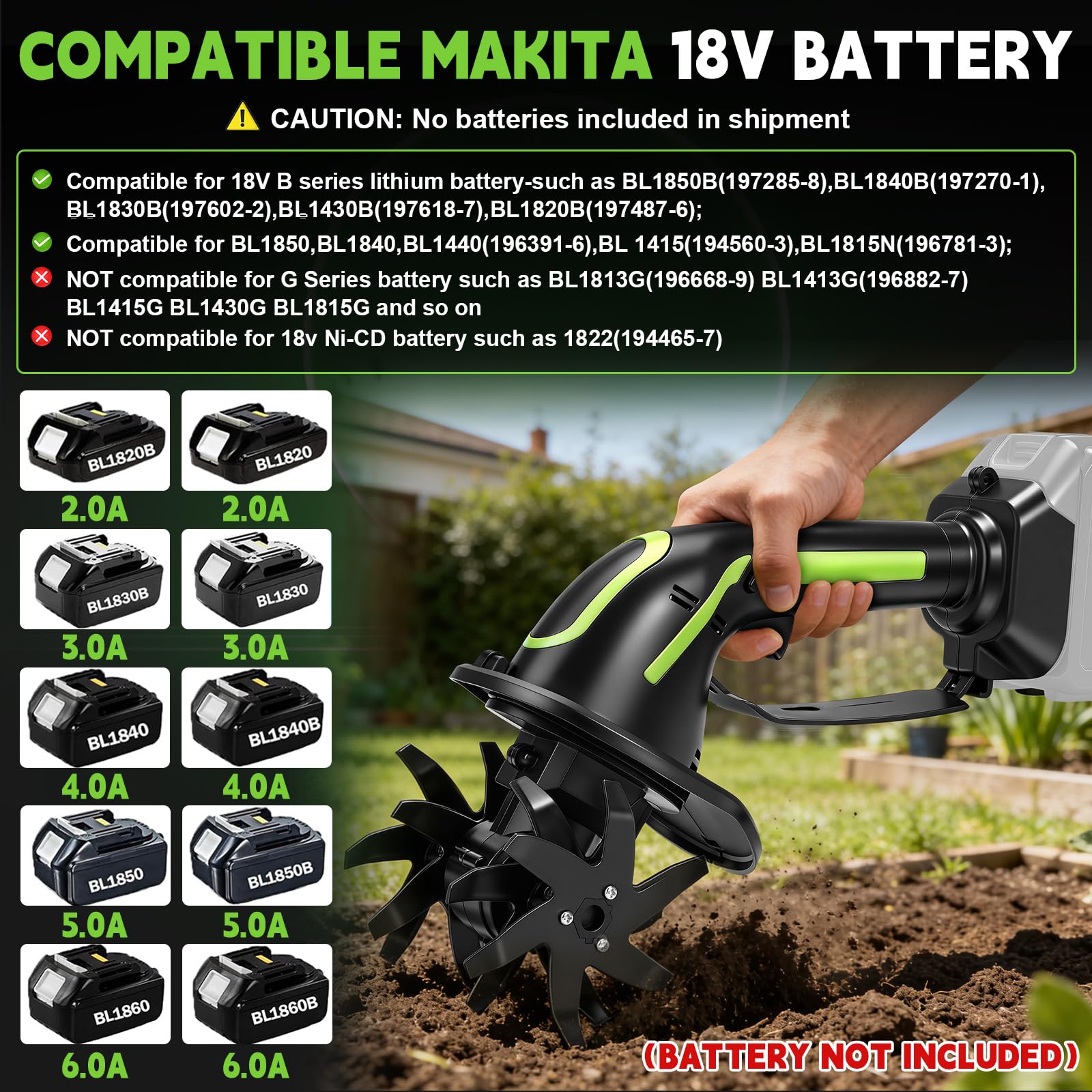 Cultivateur portatif sans Fil Compatible avec Makita 18V Batterie (sans Batterie), rotavateur électrique 550W avec 10cm fraisage Profondeur et 10cm fraisage Largeur, motoculteur (Appareil Seul)