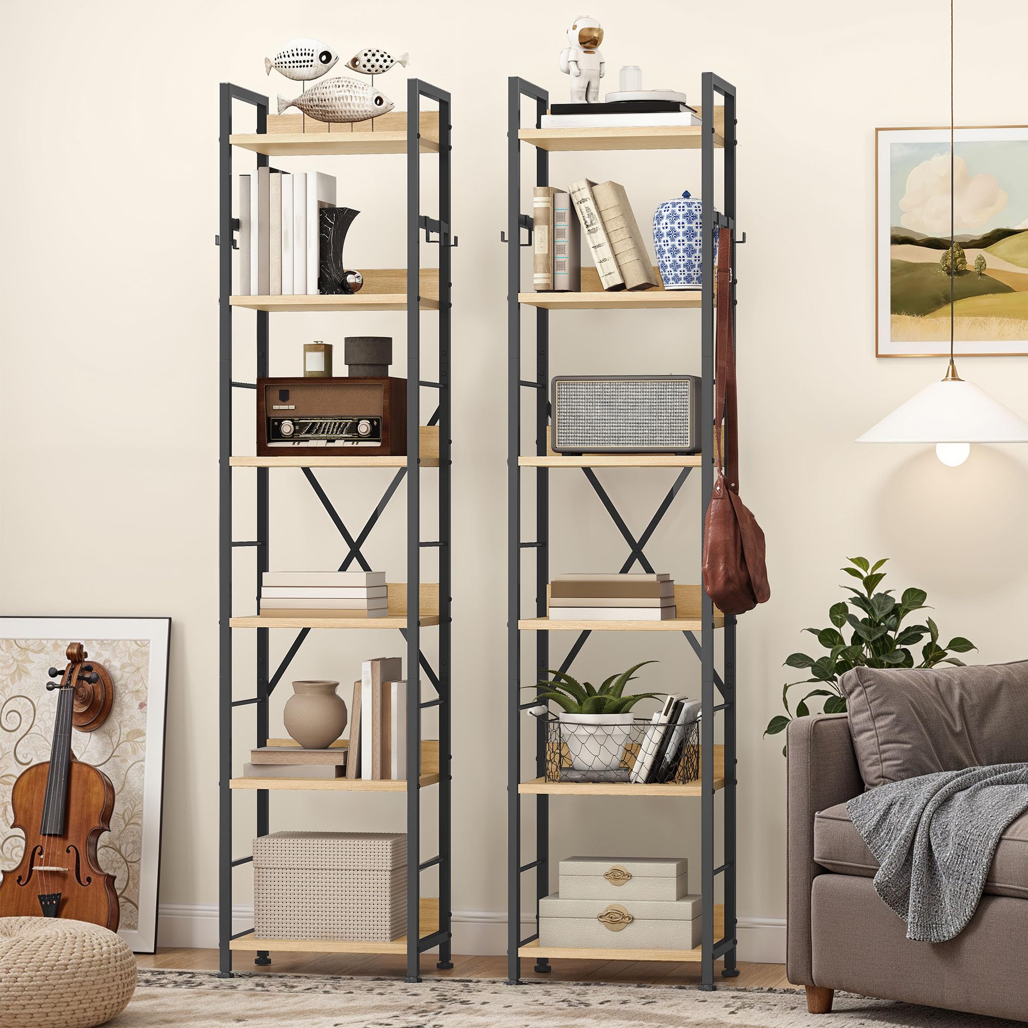DWVO 6-stöckiges Bücherregal Aus Metall & Massivholz – Hohes Regal Mit Wandbefestigung (30x40x183cm)