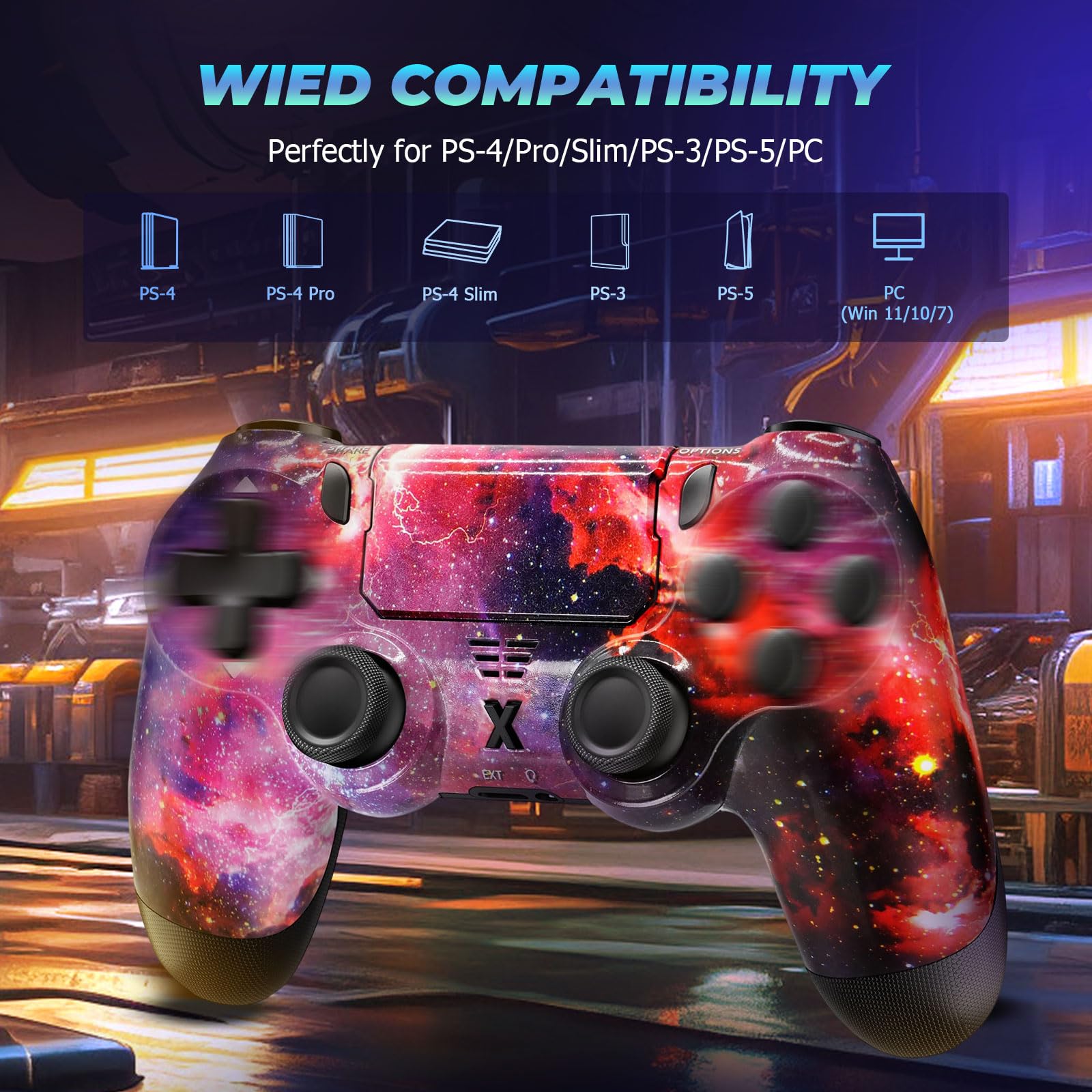 Hycago Manette pour PS-4, Manette sans Fil Controller compatible avec PS-4/Pro/Slim/PC, Batterie Rechargeable 1000mAh/Prise Audio 3,5 mm/Panneau Tactile/axe à six ans/Vibration - 5