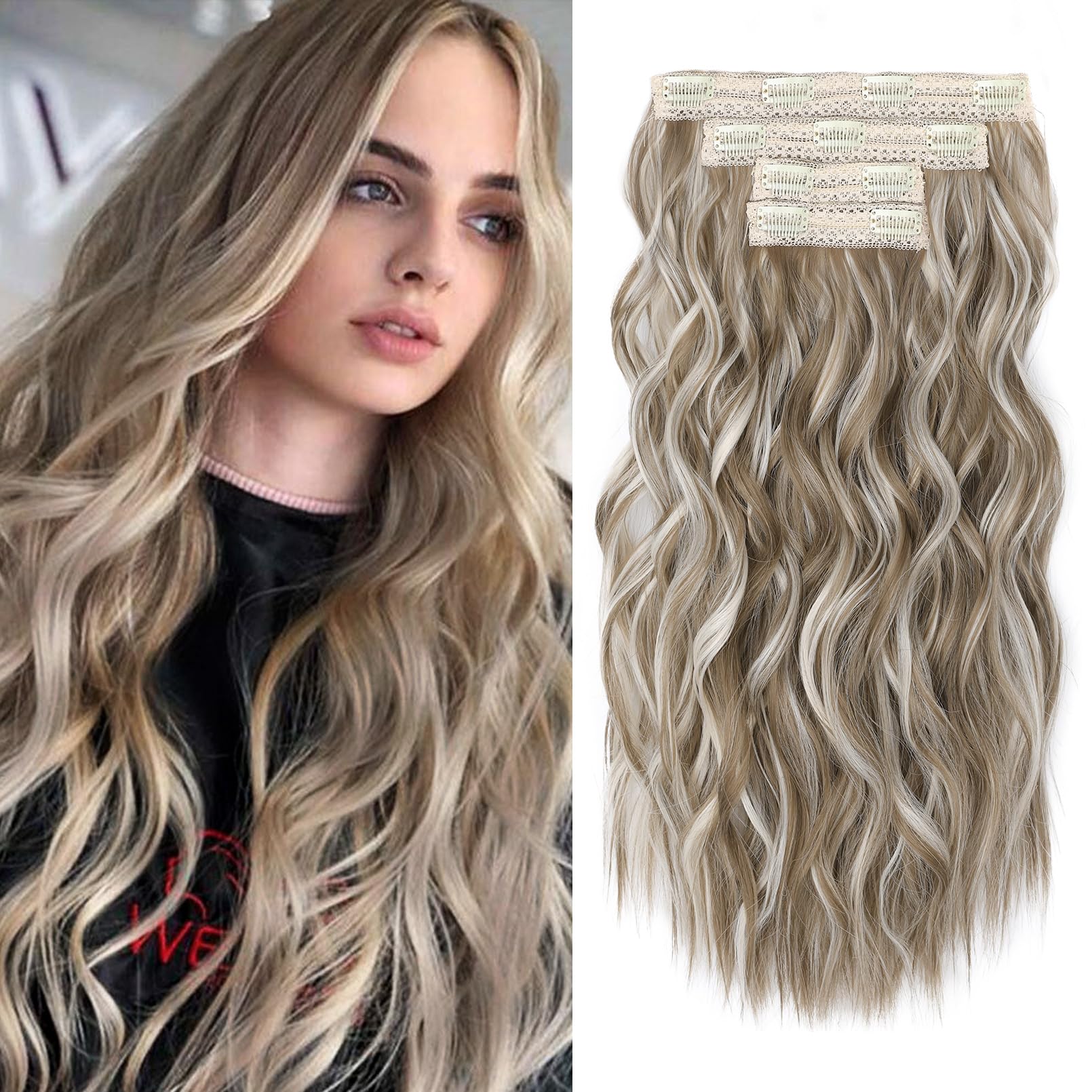 REECHO Clip in Hair Extensions, 4PCS 24" Thick Long Beach Waves hair extensions HE003 Invisible Lace Weft Natural Soft Hairpieces for Women – Ash Brown with Platium Highlights