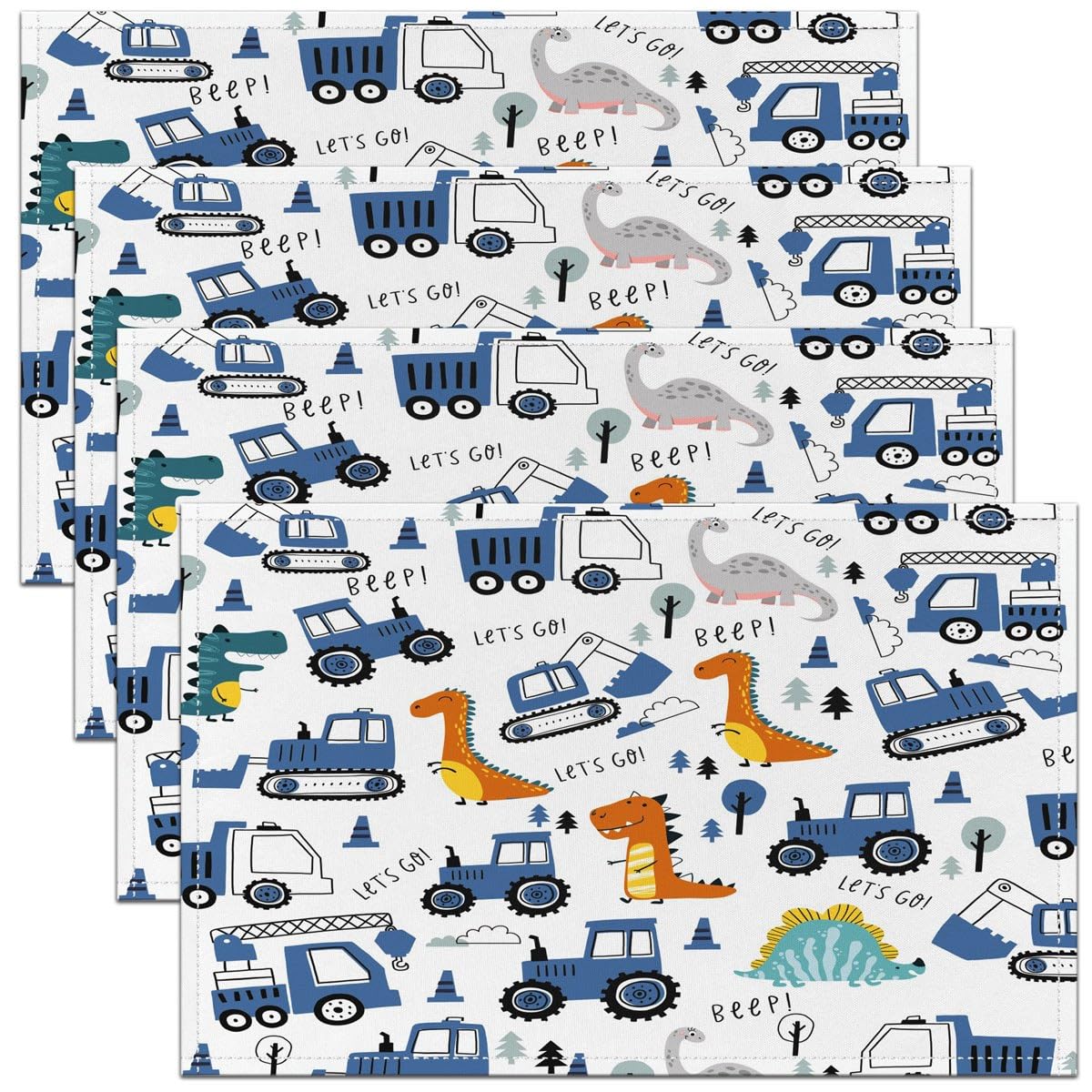 Homemissing Multicoloured 14 Kids Construction Table Place Mats 45X30cm Dinosaur Construction Vehicles Placemat For Kitchen Dining Table Jungle Dino Truck Table Mats Placemat Equipment Trucks Blue Table Mats