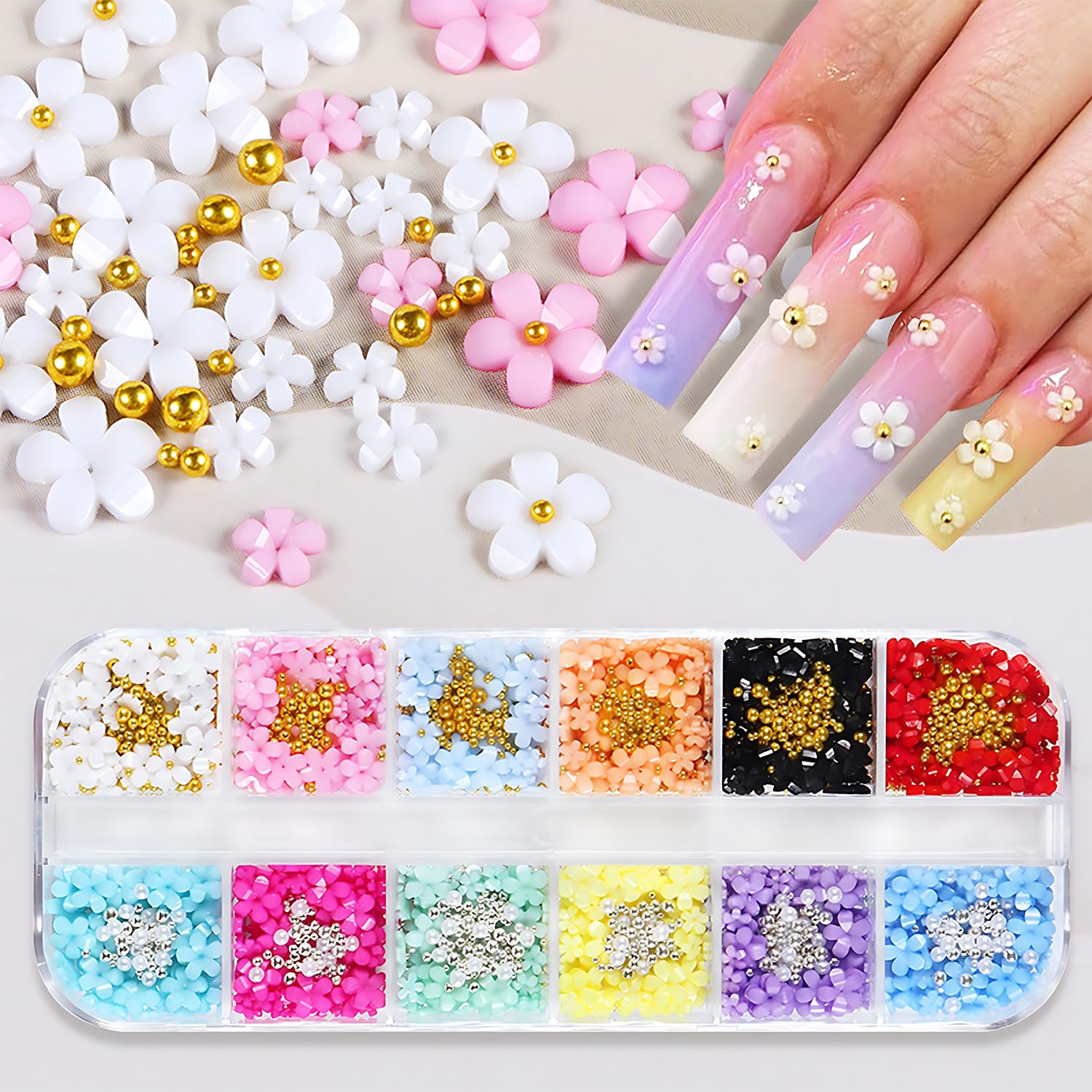 12 Grid 3D Flowers Nail Charms Acrylic Colorful Flowers Nail Art Rhinestones Gold and Silver Pearl Designs White Pink Floral Nail Supplies DIY