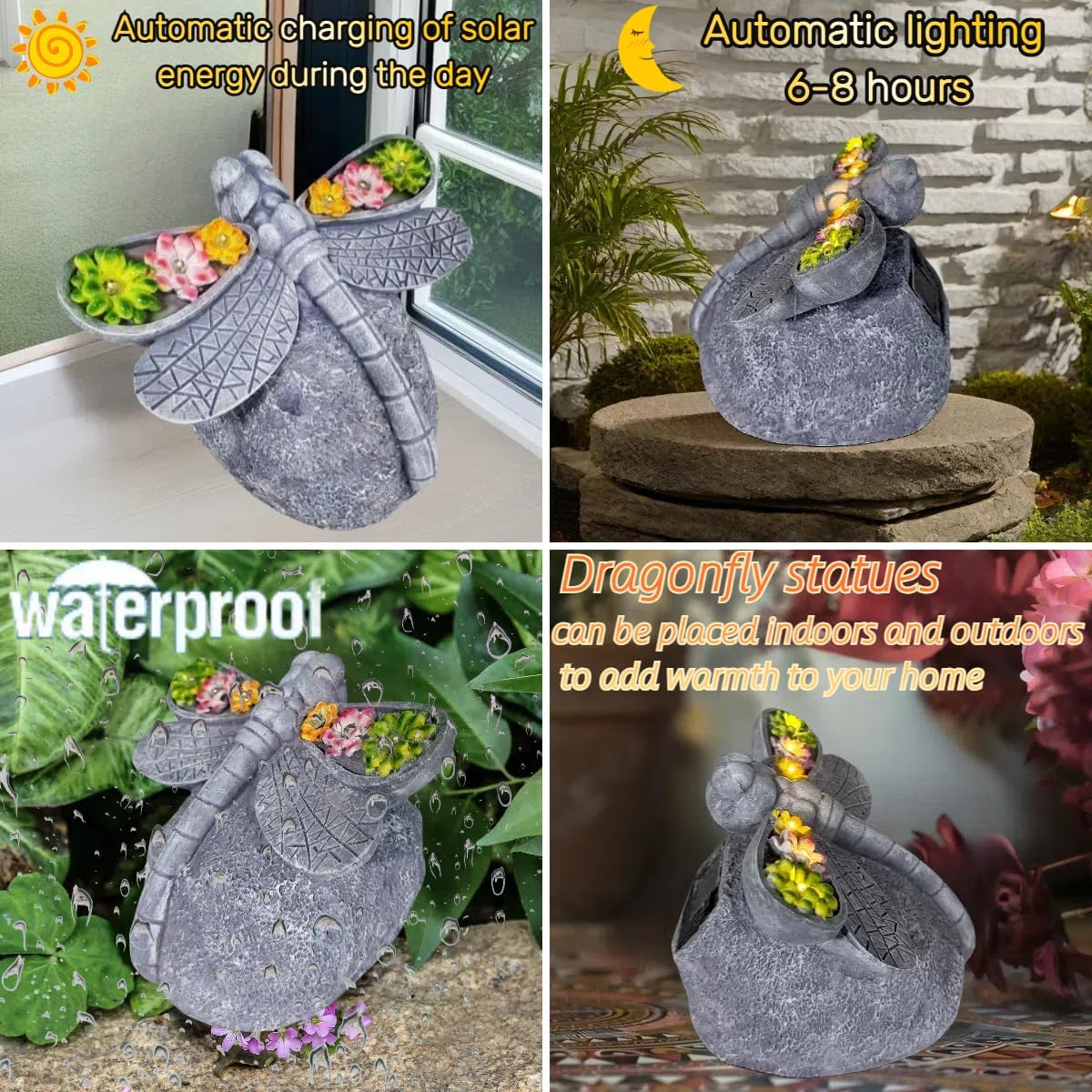 Solar Garden Statue Resin Dragonfly Figurine and Succulent with Solar Powered LED Light Outdoor Decorations for Patio Yard Porch Lawn, Ornament Gift