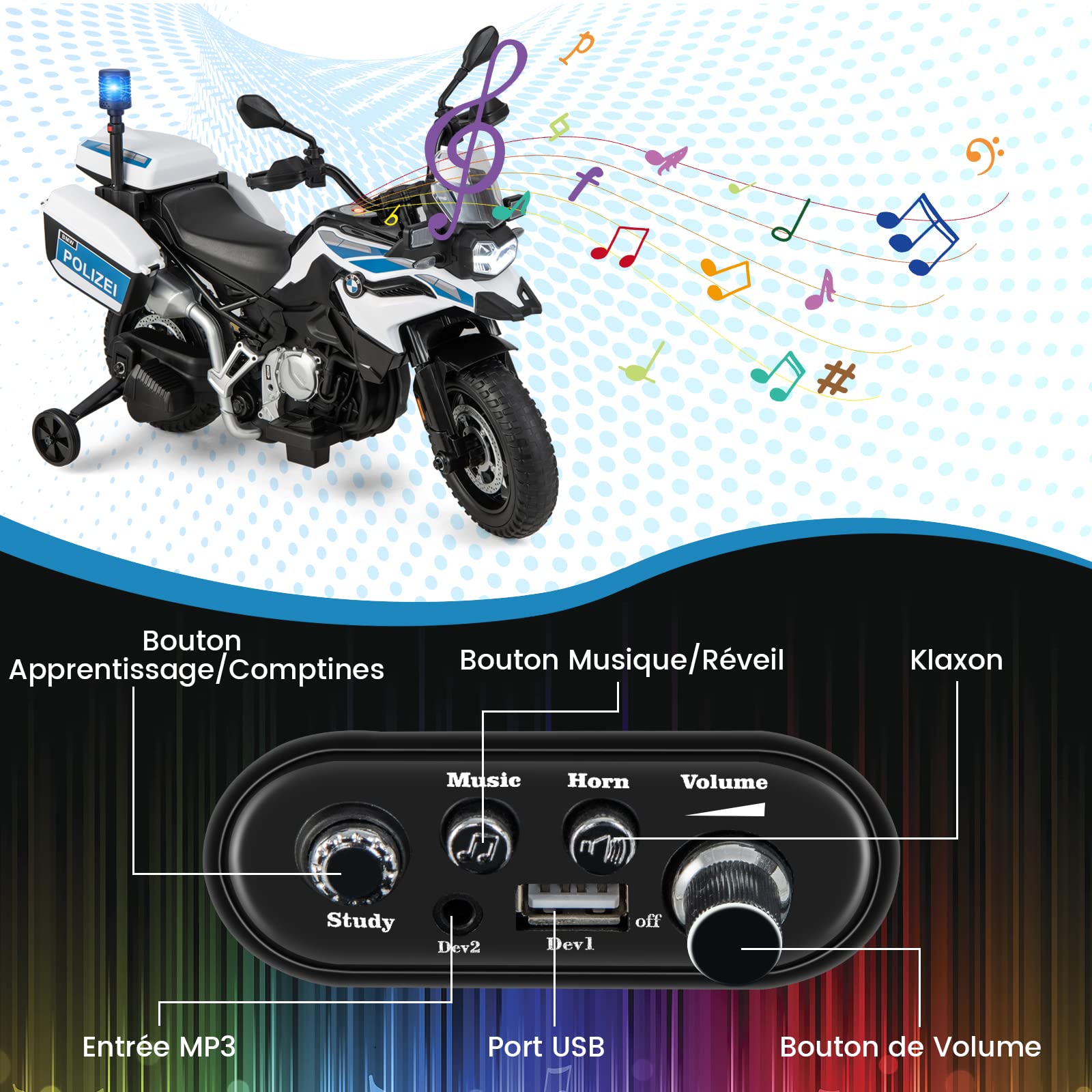 COSTWAY Moto Électrique pour Enfants 12V 6km/h avec 2 Roues Détachables, Moto Police avec 2 Coffre à Jouets, Musique, USB, Klaxon, Sirène, pour Enfant 3 à 8 Ans, 110x63x82,5cm (Blanc)