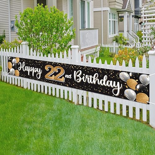 Vista 12 de Cartel de feliz cumpleaños 25 negro y dorado para patio, cartel de felicitación a 25 años de edad, telón de fondo fotoprop para el hogar, decoración