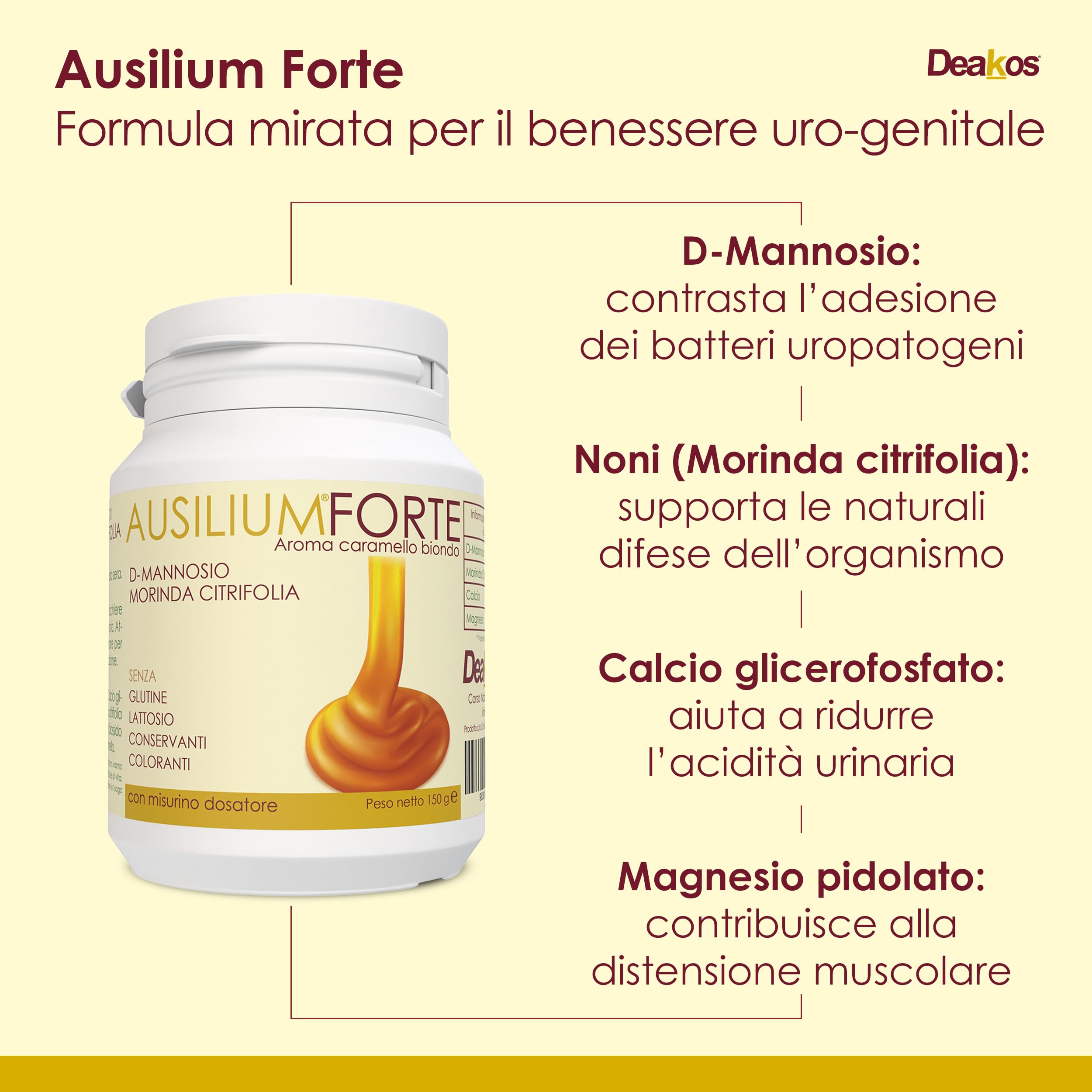 Deakos Ausilium Forte 150g - Integratore Cistite Donna e Benessere delle Vie Urinarie - In Polvere Gusto Caramello - A base di D Mannosio Puro e Morinda Citrifolia - Senza Glutine e Lattosio