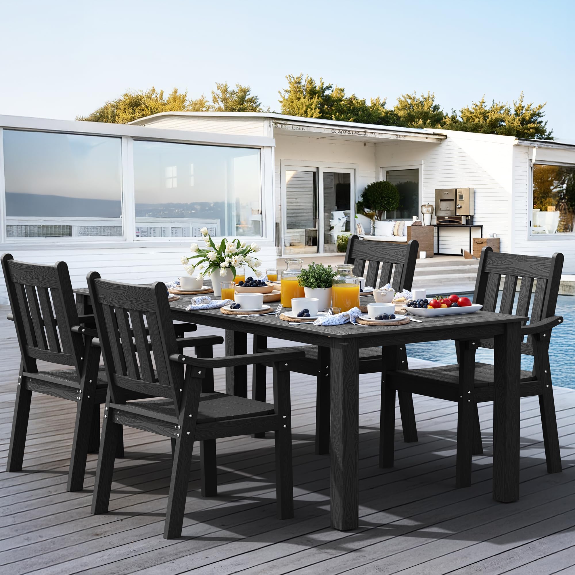 YEFU HIPS Patio Table Set: 5 Piece Outdoor Table and Chairs Dining Furniture Set with Umbrella Hole - Black Modern Plastic Dining Sets 4 Person for