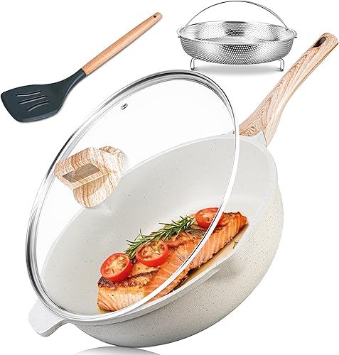 Miniatura 9 de AOSION Sartén de cerámica antiadherente de 12 pulgadas con tapa, sartén de 5.5 cuartos de galón para cocinar con estante de vapor, sartén grande