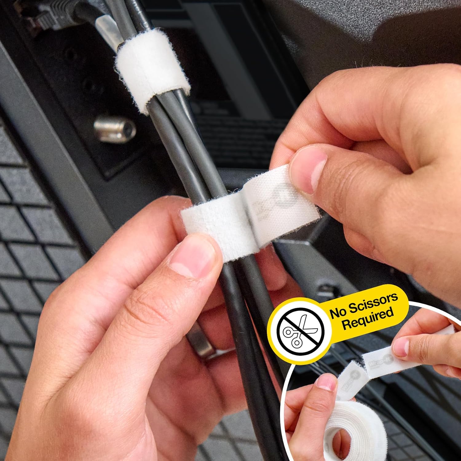 Self-Gripping Perforated Roll Cable Ties by Wrap-It Storage - 3 Pack of 12' x .75" Rolls White - Reusable Cable Organizer for Computer and Charging Cords