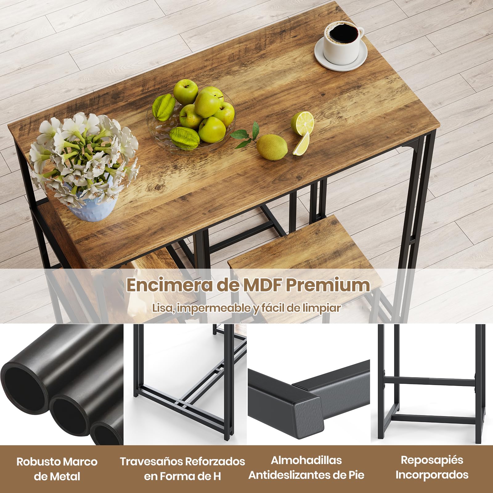 COSTWAY Juego de Mesa y Taburetes de Bar, 110x60x110 cm, Mesa Alta de Cocina con 2 Taburetes, 3 Estantes, Marco de Metal, Muebles de Bar Industrial para Cocina, Salón, Comedor, Desayuno, Marrón