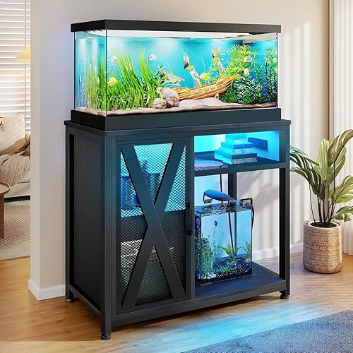 Miniatura 41 de DWVO Soporte de acuario de 40 a 50 galones con tomas de corriente y luz LED, gabinete para almacenamiento de accesorios de pecera - Soporte de metal