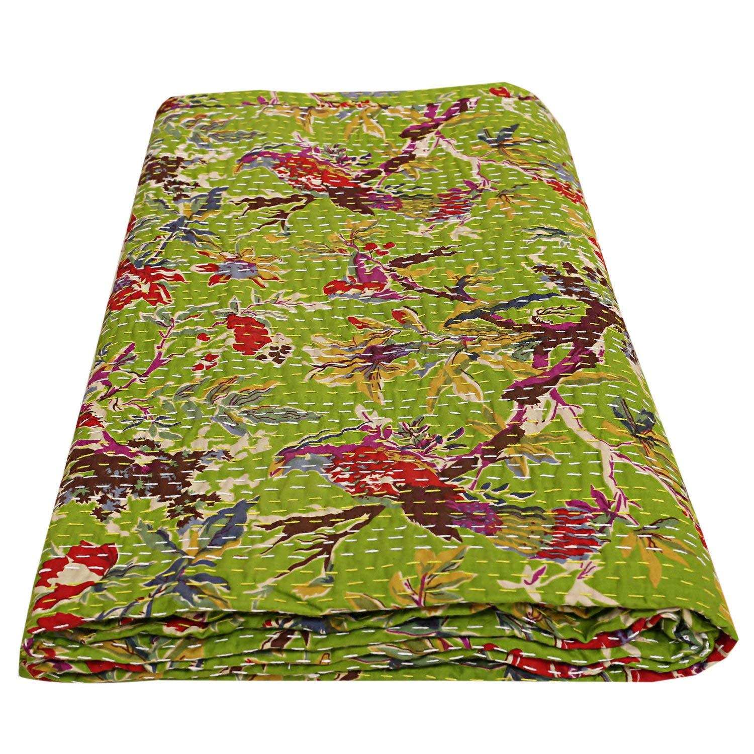 Sophia Art Indian Bohemain Bedding Kantha Vintage Ethnic Cotton Bird Kantha Quilt Coverlet Bedspread Patchwork Stitch Blanket Queen Size Kantha Quilt (Green)