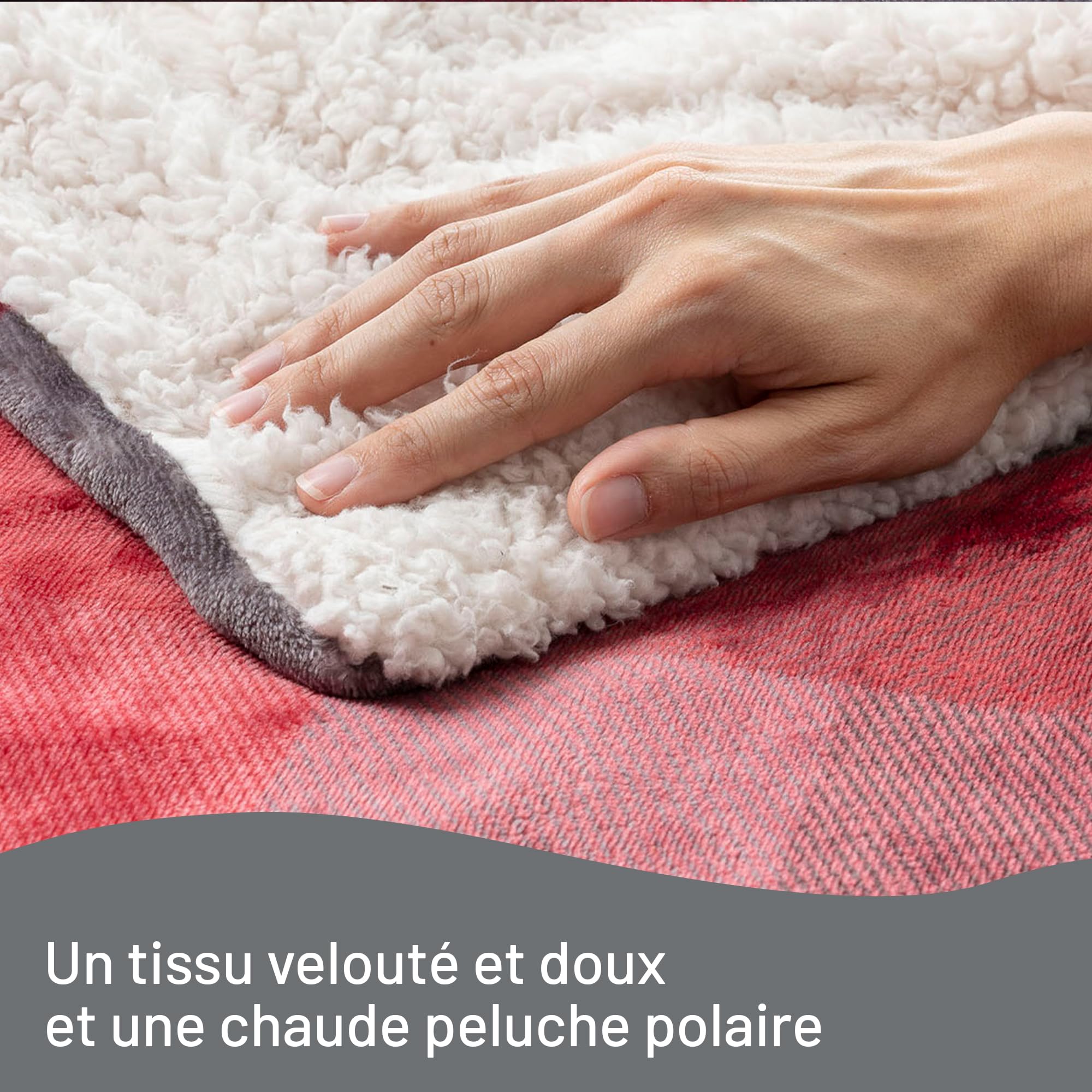 Imetec Couverture Chauffante Adapto Velvet Tartan + Poche - Plaid chauffant 150x110 cm-6 Températures, Motif Tartan,Tissu Toucher Velours et Sherpa,Anti Surchauffe, Chauffage Rapide,Lavable en Machine