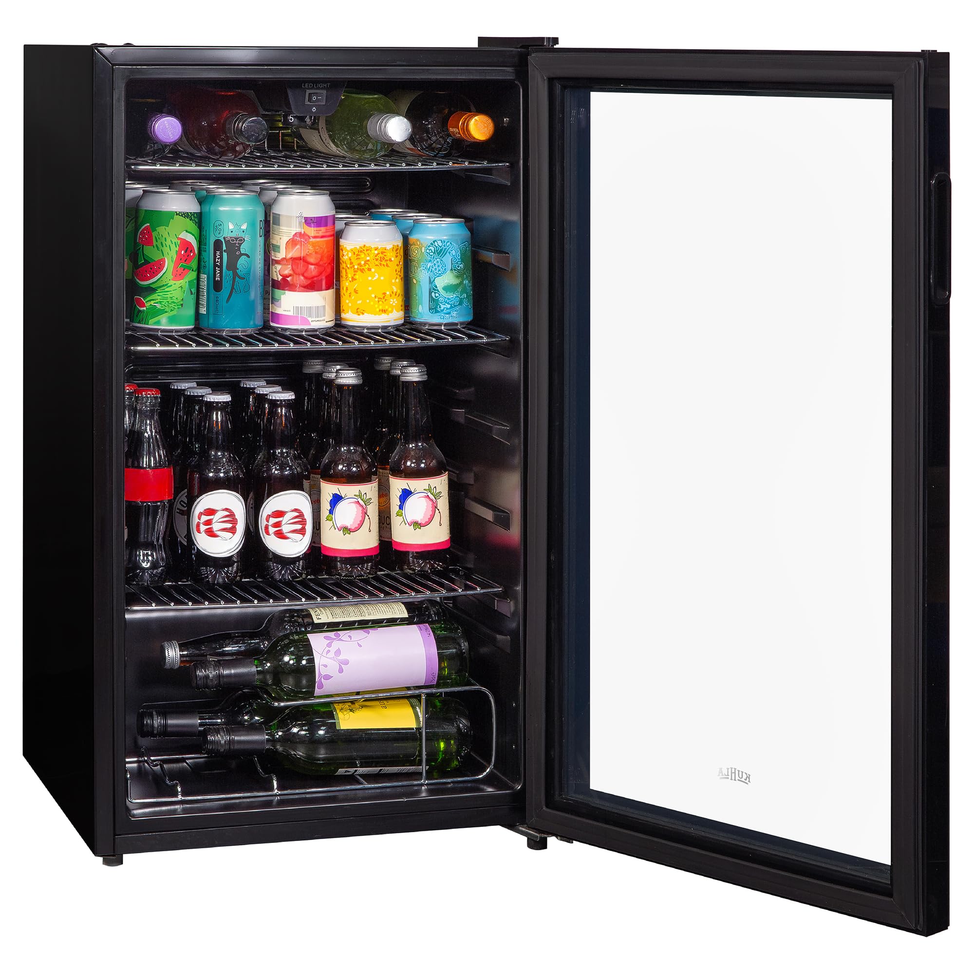 Mini Fridge 93 Litre Undercounter Freestanding Beverage/Drinks Wine Fridge for Beer in Black, LED Light, Drinks & Snacks Glass Door, 3 Adjustable Shelves, Energy Efficient, K48BC101B — view 7