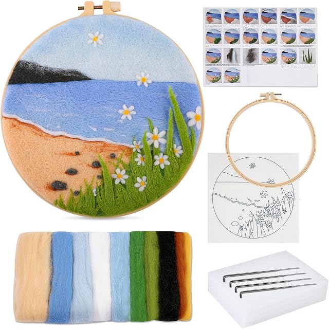 Doxiru Needle Felting Kit for Beginners Including Wool Roving, Picture Frame,Beautiful Wool Painting and Needle Felting Tool, Great for Make Gifts Home Decoration