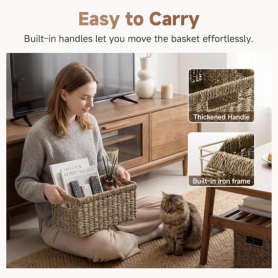 StorageWorks Wicker Baskets for Shelves, Large Shelf Storage Baskets with Handles, Rectangular Wicker Storage Box Organisers, Woven Basket for Organising Pantry Bathroom, Natural Seagrass, 2-Pack
