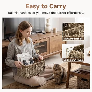 StorageWorks Wicker Baskets for Shelves, Large Shelf Storage Baskets with Handles, Rectangular Wicker Storage Box Organisers, Woven Basket for Organising Pantry Bathroom, Natural Seagrass, 2-Pack