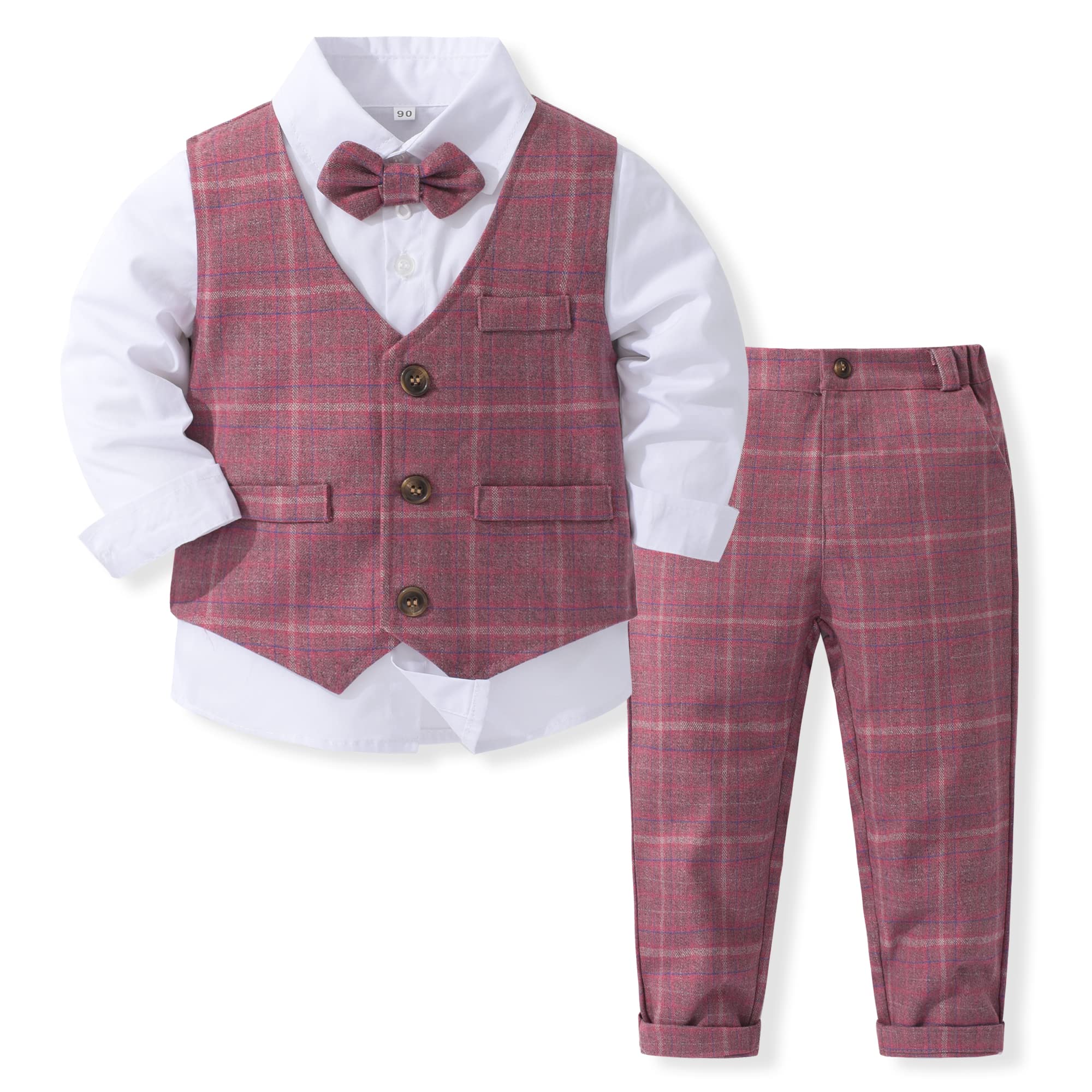 Kimocat Boys 3Pcs Clothing Sets Elegant Long Sleeve Shirts + Vest with Flower+Pants Party Suit