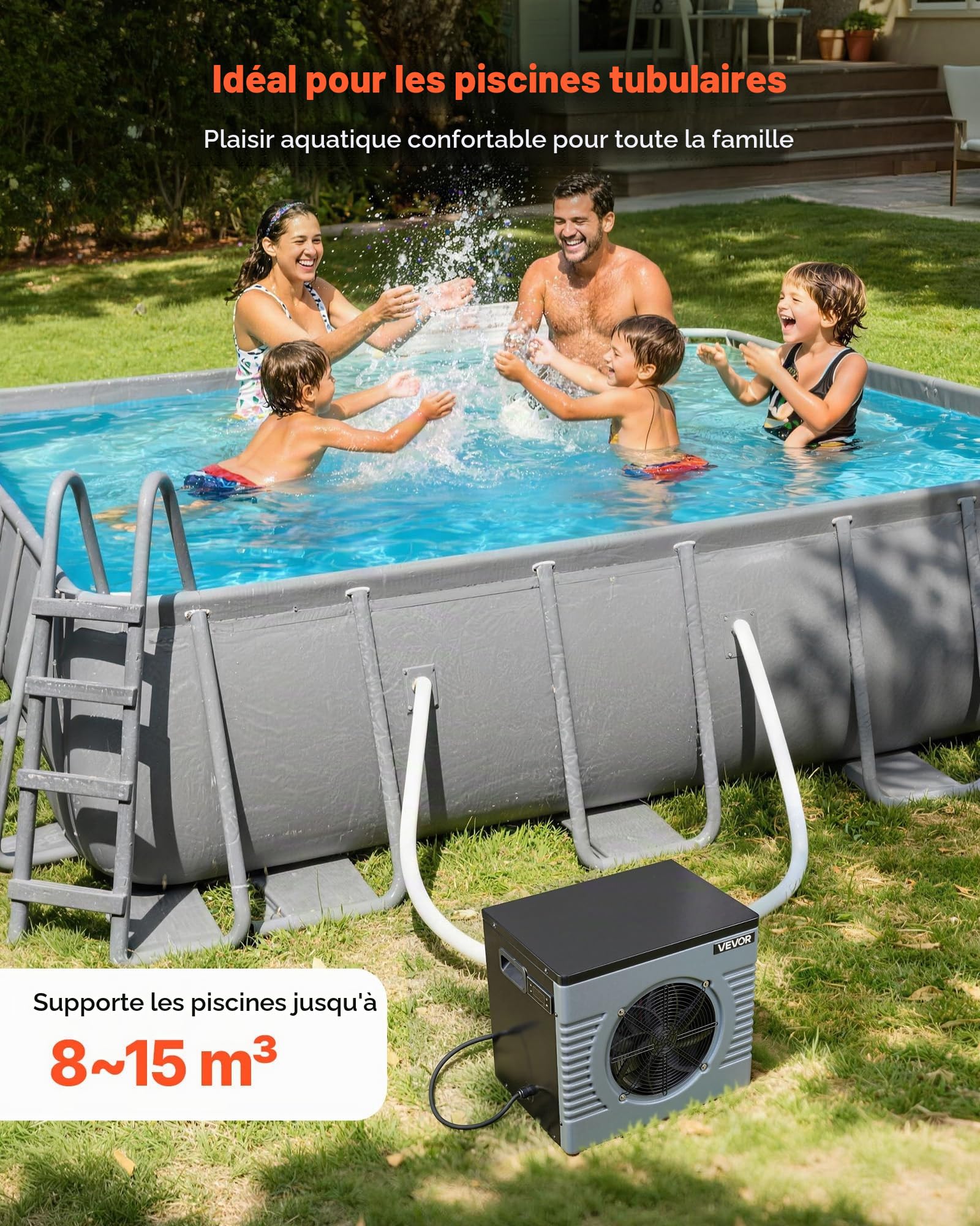 VEVOR Pompe à Chaleur pour Piscine 4,16 kW Chauffage Électrique de Piscine Hors Sol Jusqu'à 15 m³ pour Natation, COP Max. 5,14, Faible Niveau Sonore, Protection GFCI, Température de Chauffe 15 à 40 °C