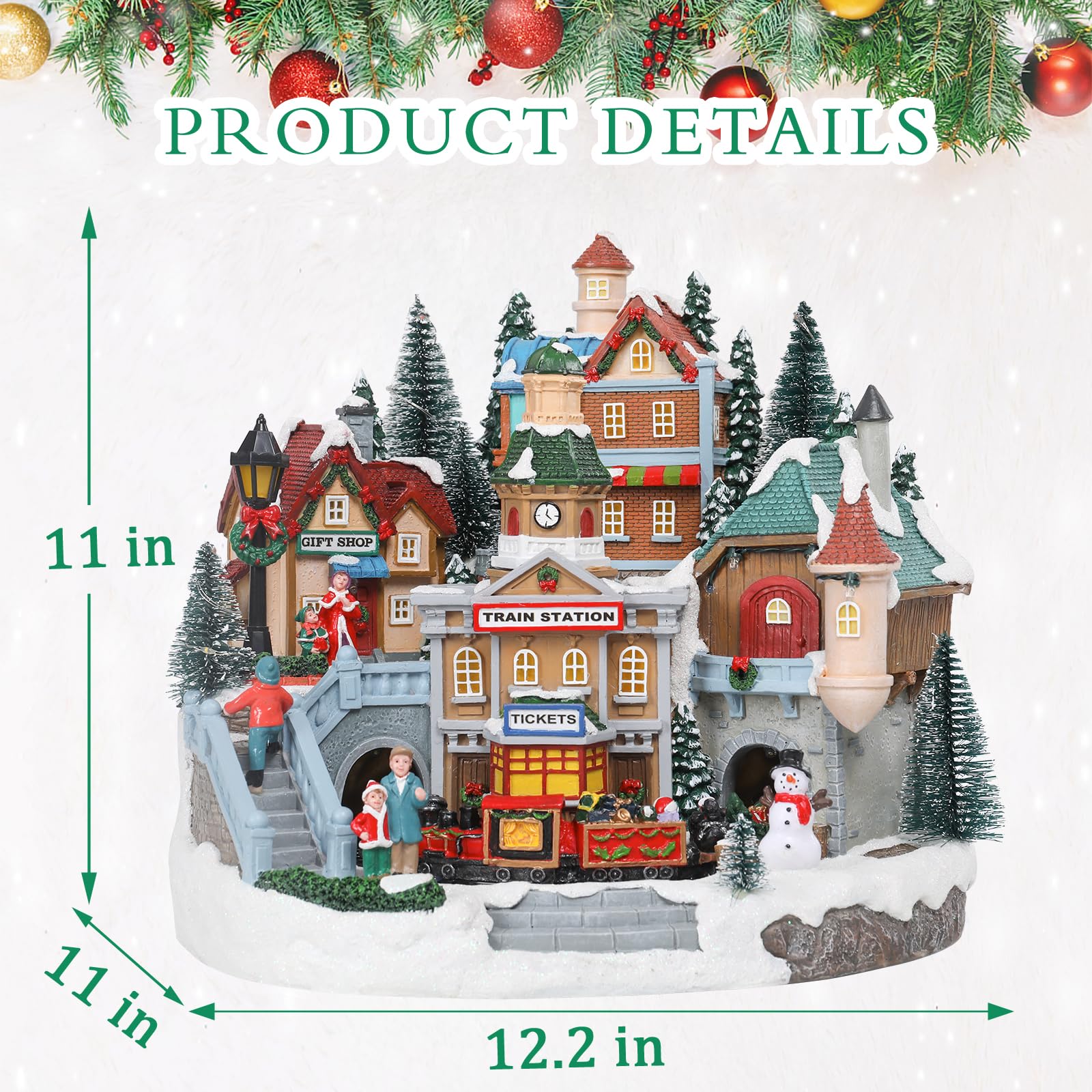 Bdor Pueblo iluminado de Navidad con tren giratorio, 12.2 x 11 x 11 pulgadas, decoración navideña enchufable con música, centro de mesa musical LED festivo para mesa, hogar, tienda de regalos