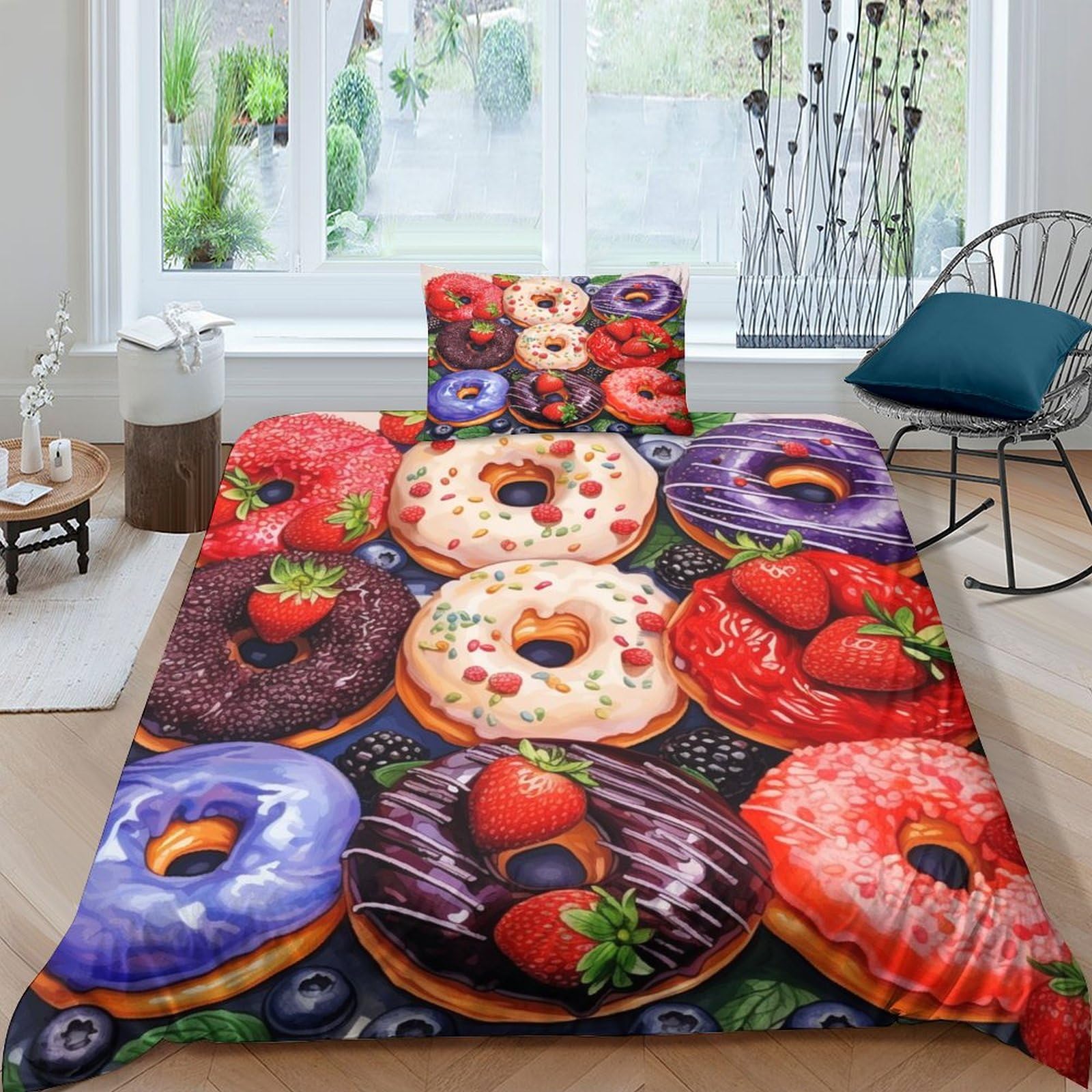 Housse de couette bonbons et desserts 3D pour chambre d'enfant lit simple avec taies d'oreiller