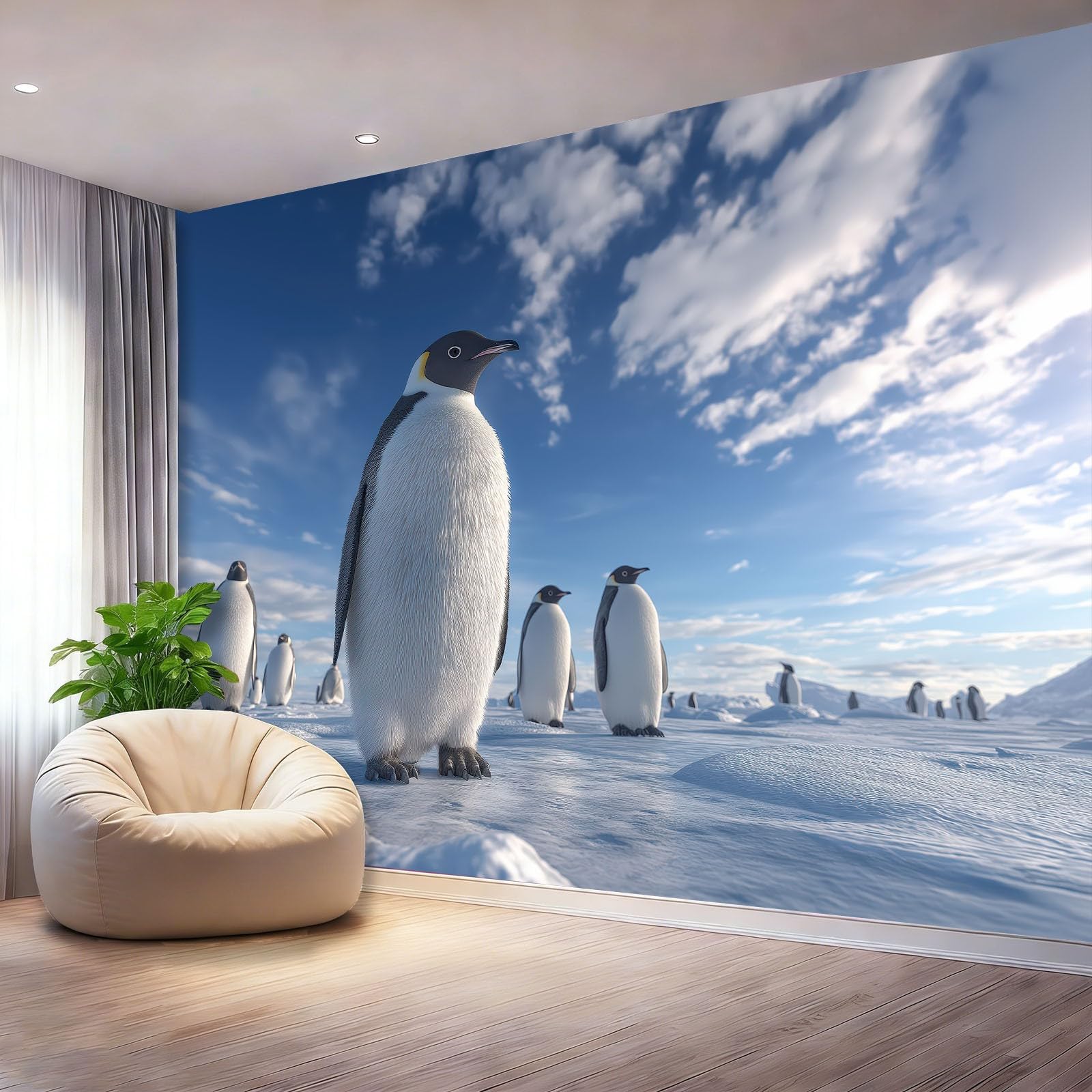 Fototapeta 400 x 280 cm ściany dekoracja salonu design natura zwierzęta pingwiny antarktyczne śnieg do sypialni salonu tapeta z włókniny, niebieski