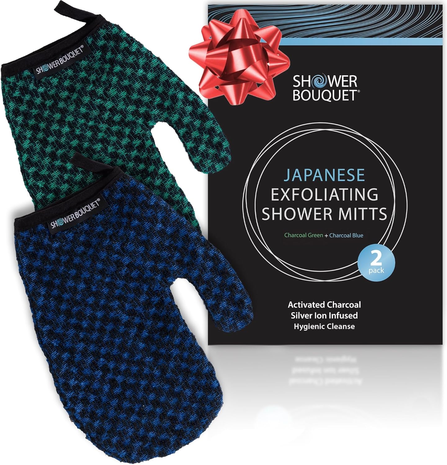 Japanese Exfoliating Mitt 2-Pack - Charcoal & Silver Ion Exfoliating Gloves for Shower - Soft Inner Fabric Gentle Exfoliation & Deep Cleansing Body Scrub Gloves for All Skin Types - 1 Blue, 1 Green