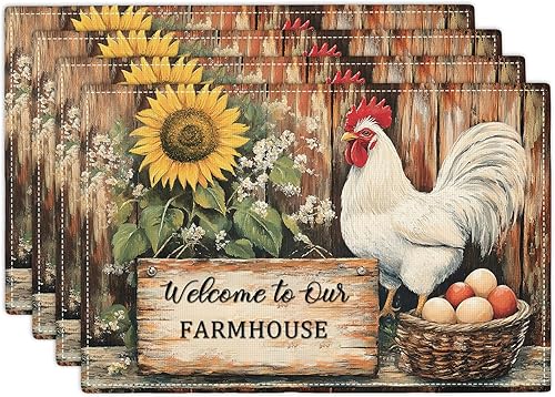 Miniatura 57 de Juego de 6 manteles individuales de flores amarillas de granja, manteles individuales rústicos florales, manteles individuales de primavera lavables