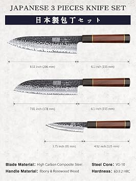 HOSHANHO 3 Pieces Knife Set, Professional VG-10 Super Steel Kitchen Knives Set & Magnetic Knife Block 14 x 10 Inches, Double Sided Magnetic Knife Holder
