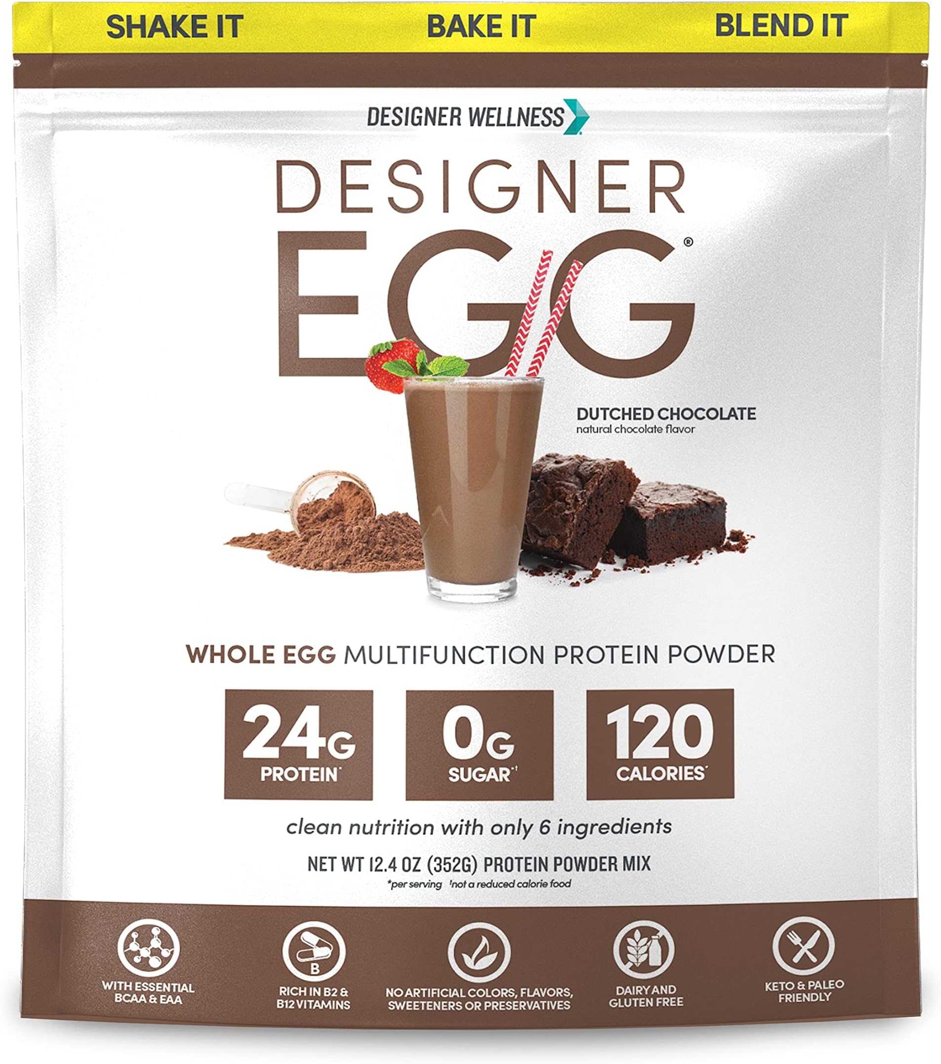 Designer Wellness, Designer Egg, Natural Egg Yolk & White Protein Powder, Keto and Paleo Friendly, Low Calorie, Less Fat and Cholesterol, Dutch Chocolate, 12.4 Ounce
