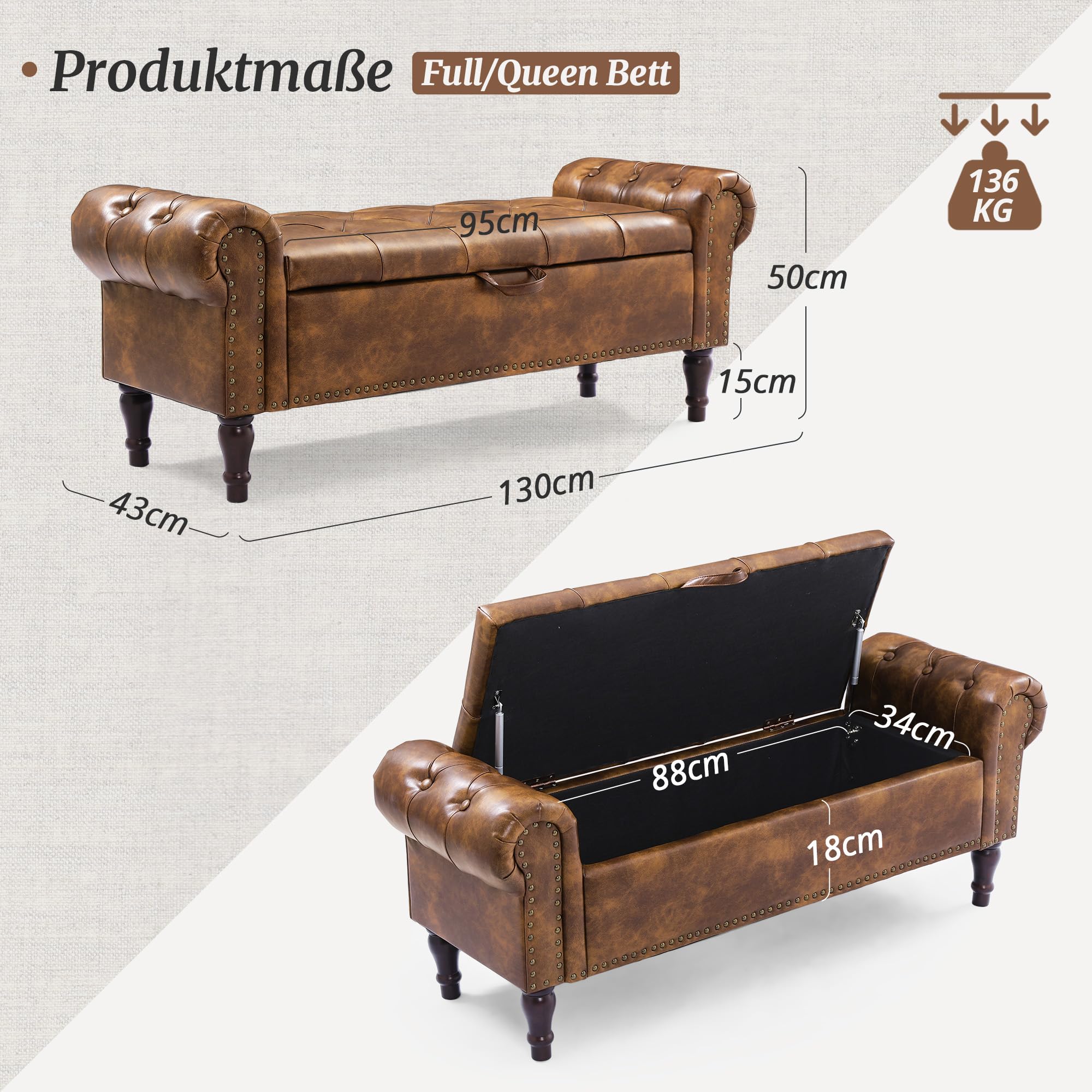 LUE BONA Sitzbank mit Stauraum 130 cm,Sitzbank Bank mit Aufbewahrungsbox,Bettbank Gepolstertem Kissen,Sitztruhe mit Armlehnen aus PU-Kunstleder für Schlafzimmer,Flur,130 X 43 X50 cm,Gelblich-Braun