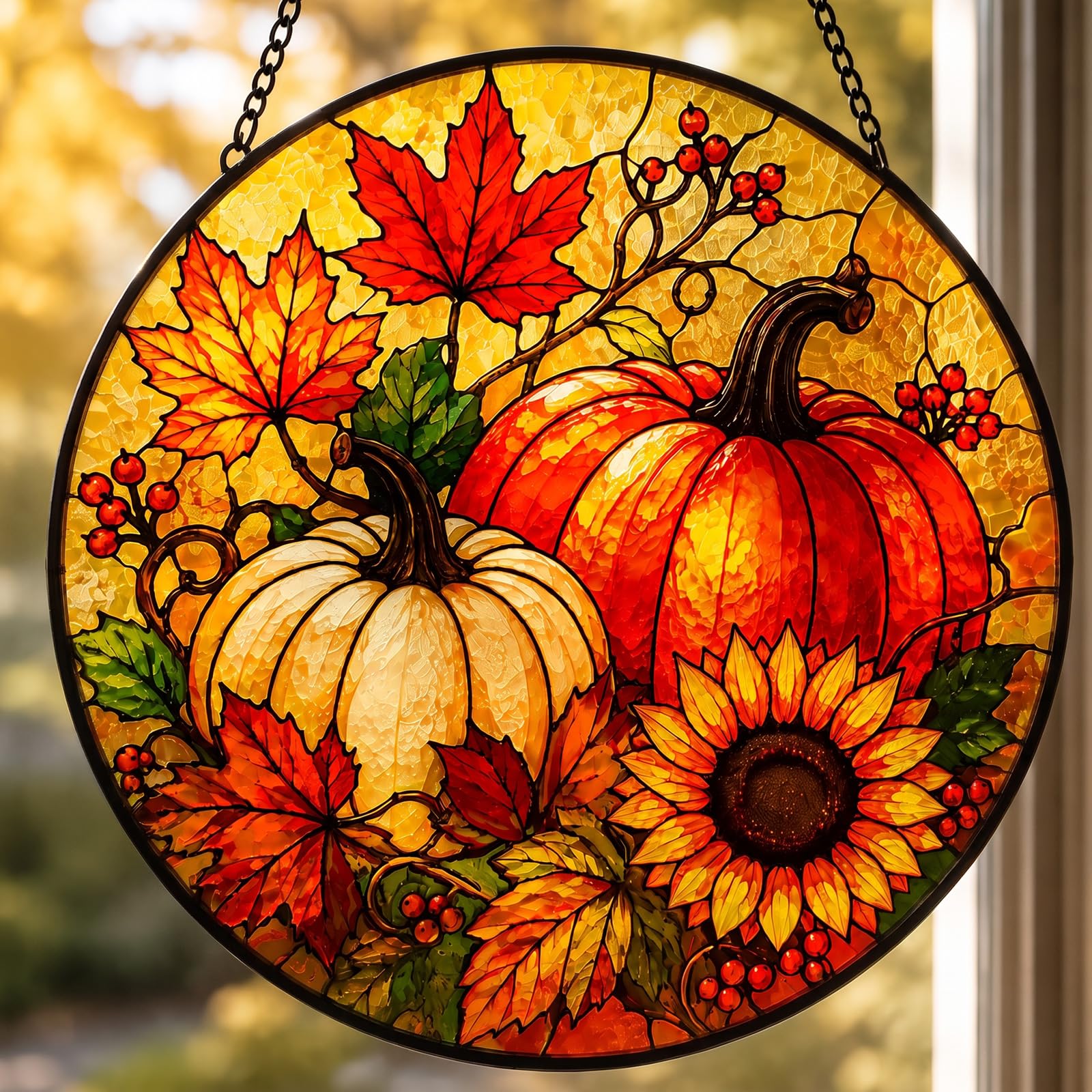 Pumpkin Stained Glass Suncatcher, Autumn Rustic Harvest Window Hanging, Fall Home Decor, Thanksgiving Decoration Gift for Mum Grandma