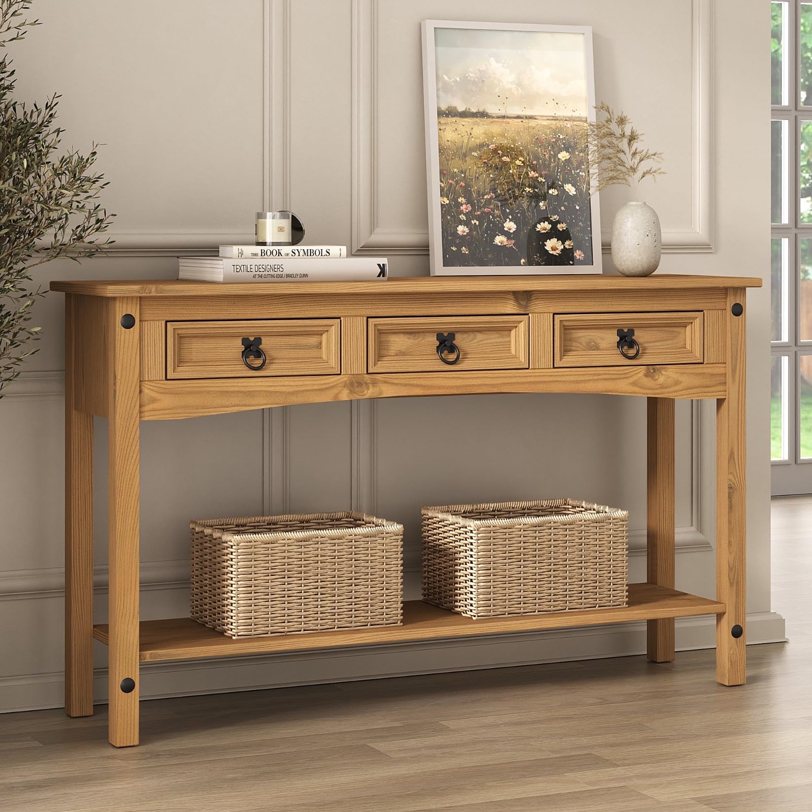 Corona Console Hall Table 3 Drawer Solid Pine Wood with Wax Finish Mexican Style Black Metal Hardware W 122 cm x D 32 cm x H 73 cm