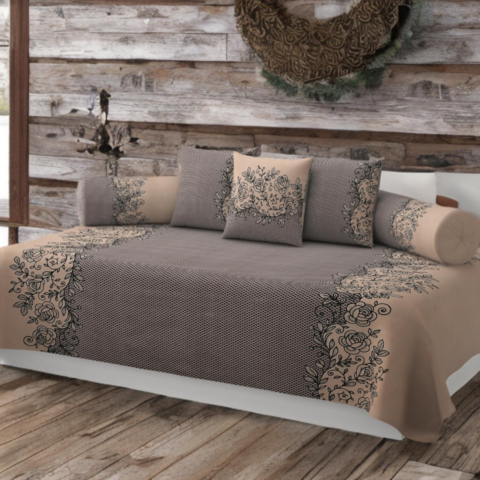 280 TC Cotton Blended Printed Diwan Cover Set with 2 Bolster Covers and 3 Cushion Covers (Pack of 6)| Glace Cotton Diwan Bedsheet Set Brown and Beige Color 19-image-27