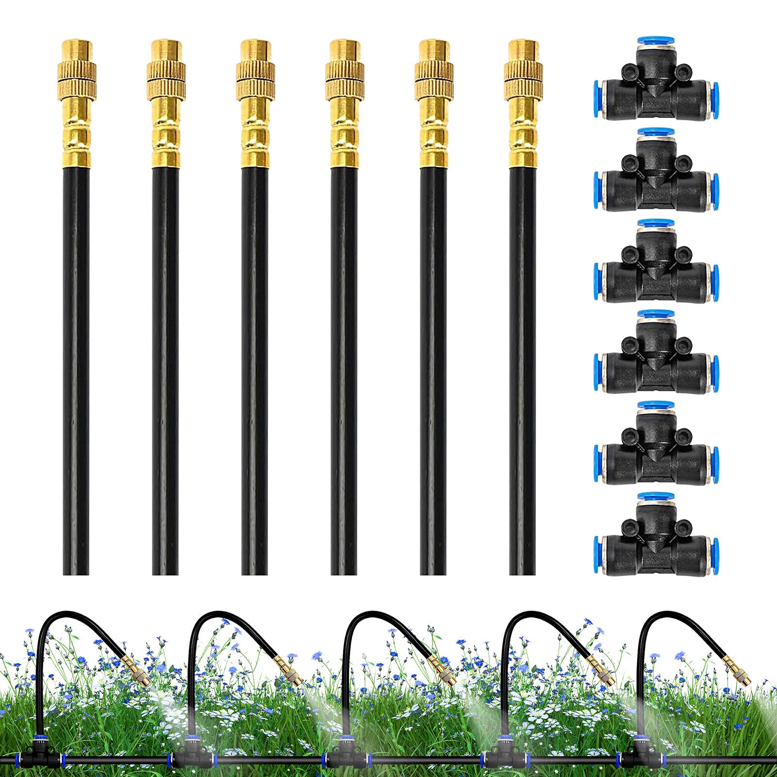 Irrigation Spray Nozzles, 6 Pcs 6mm Misting Nozzle, Adjustable Copper Atomizing Nozzle, Cooling Irrigation Equipment for Greenhouse, Lawn, Graden