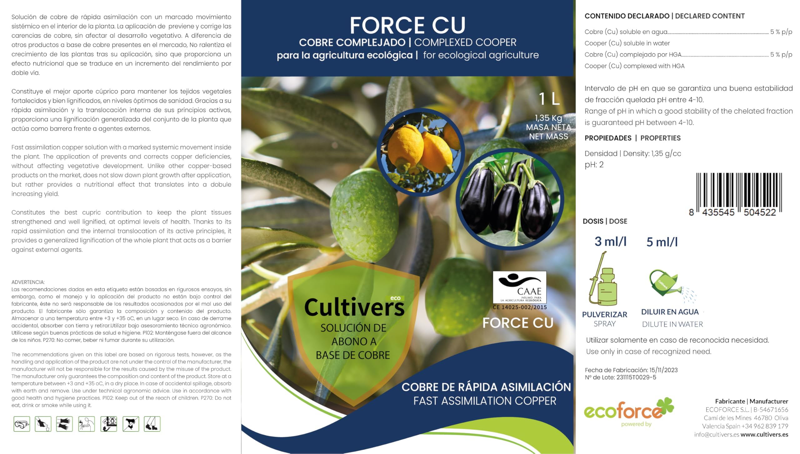 CULTIVERS Gluconato de Cobre. Abono Fertilizante con Efecto Fungicida de Cobre Ecológico de 1 L Que Mejora el Sistema de Defensa de la Planta contra el Desarrollo de Enfermedades