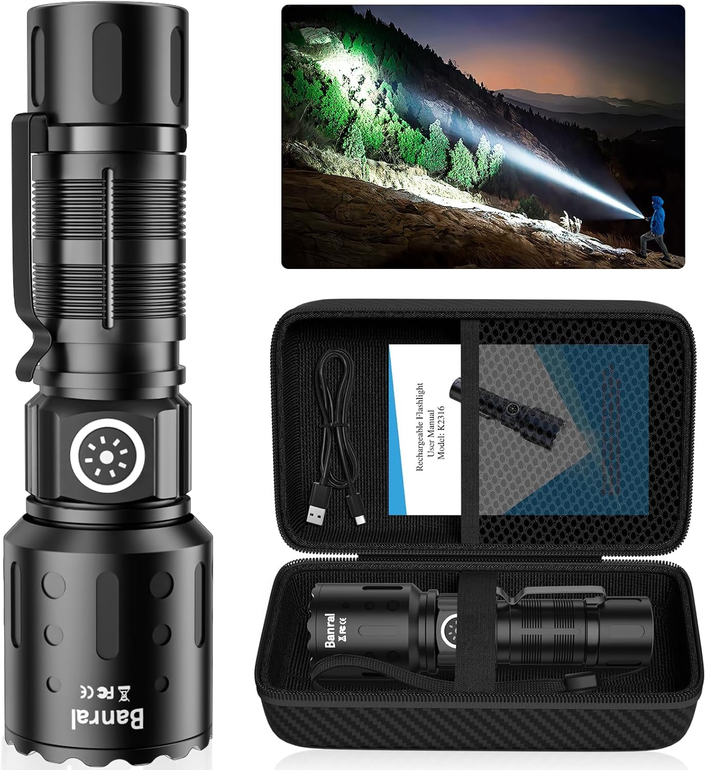 Banral Torches High Lumens Rechargeable Torch, Super Bright LED Small Powerful Torch with Memory Function, 6 Modes Pocket Waterproof Flashlight for Camping Hiking (1 Pack, Black)