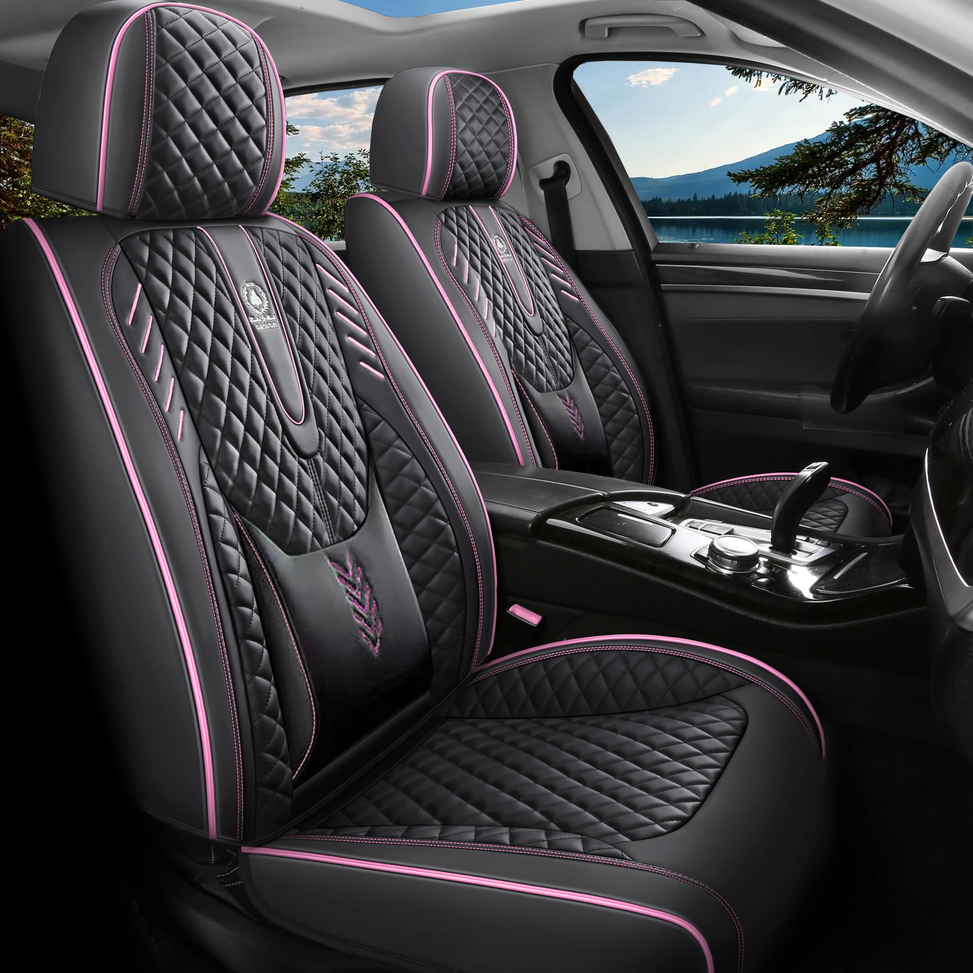 INZU Car Seat Cover 5-Seats Full Set Universal fit, Suitable for Most Cars, SUV, Airbags Compatible with Synthetic Leather Car Seat Cushion Protectors. (Black Pink Line)