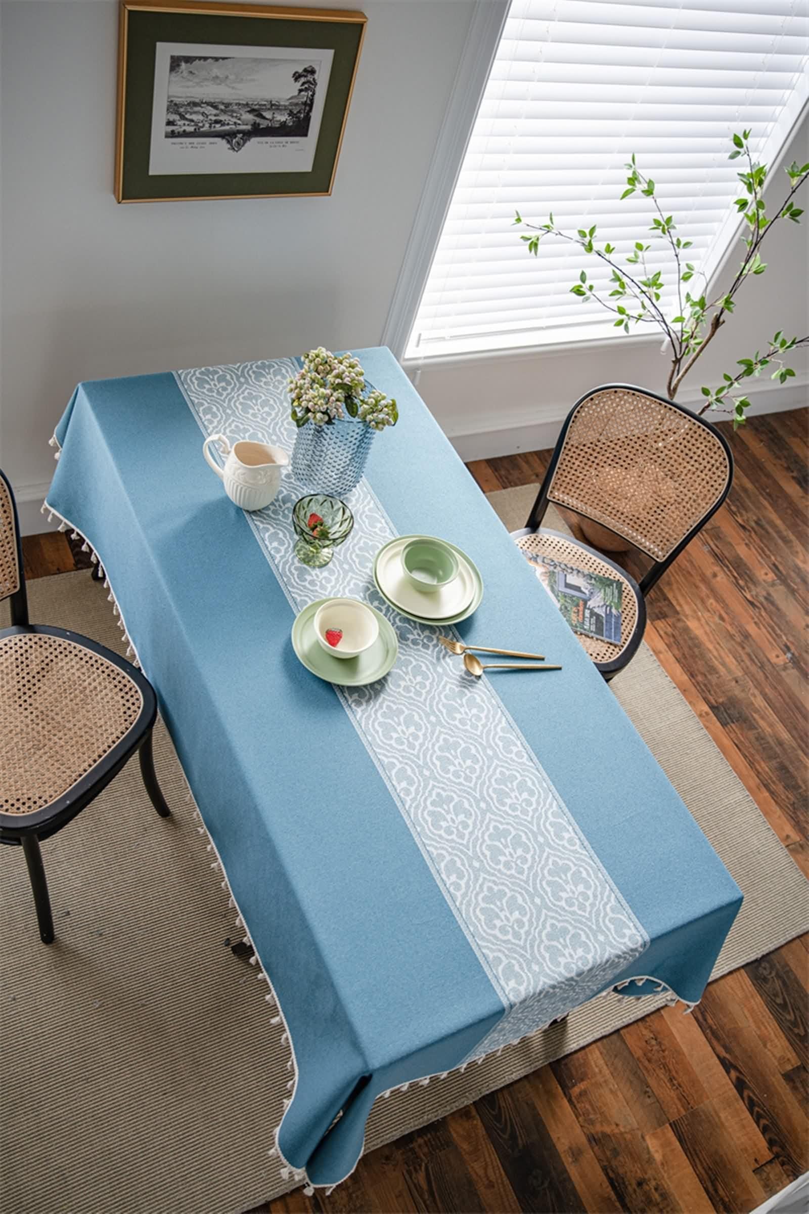 Tovaglia Blu per Feste, Tovaglia Poliestere Jacquard Floreale Copri Tavolo 90X90CM per Soggiorno Cucina