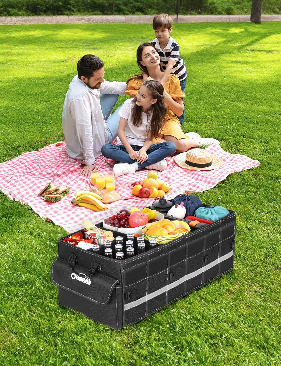Oasser Organizador Maletero Coche 75L Grande 3 Compartimentos Tapa Desmontable Plegable Antideslizante 1 Bolsillo Grande 6 Bolsas Laterales Malla