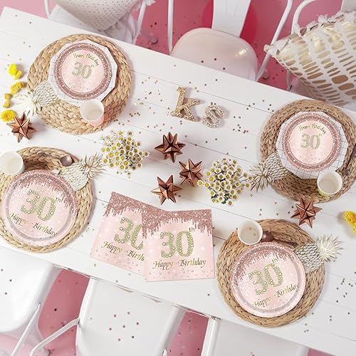 Miniatura 7 de 62 piezas de decoraciones de cumpleaños número 30 para mujer, suministros de fiesta de cumpleaños de oro rosa incluyen 40 platos, 20 servilletas y