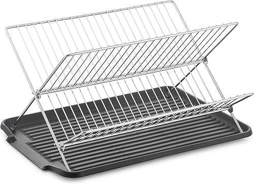 Miniatura 6 de J&V TEXTILES Escurridor de platos plegable con escurridor, escurridor de acero inoxidable de 2 niveles, estante plegable plegable para fregadero de