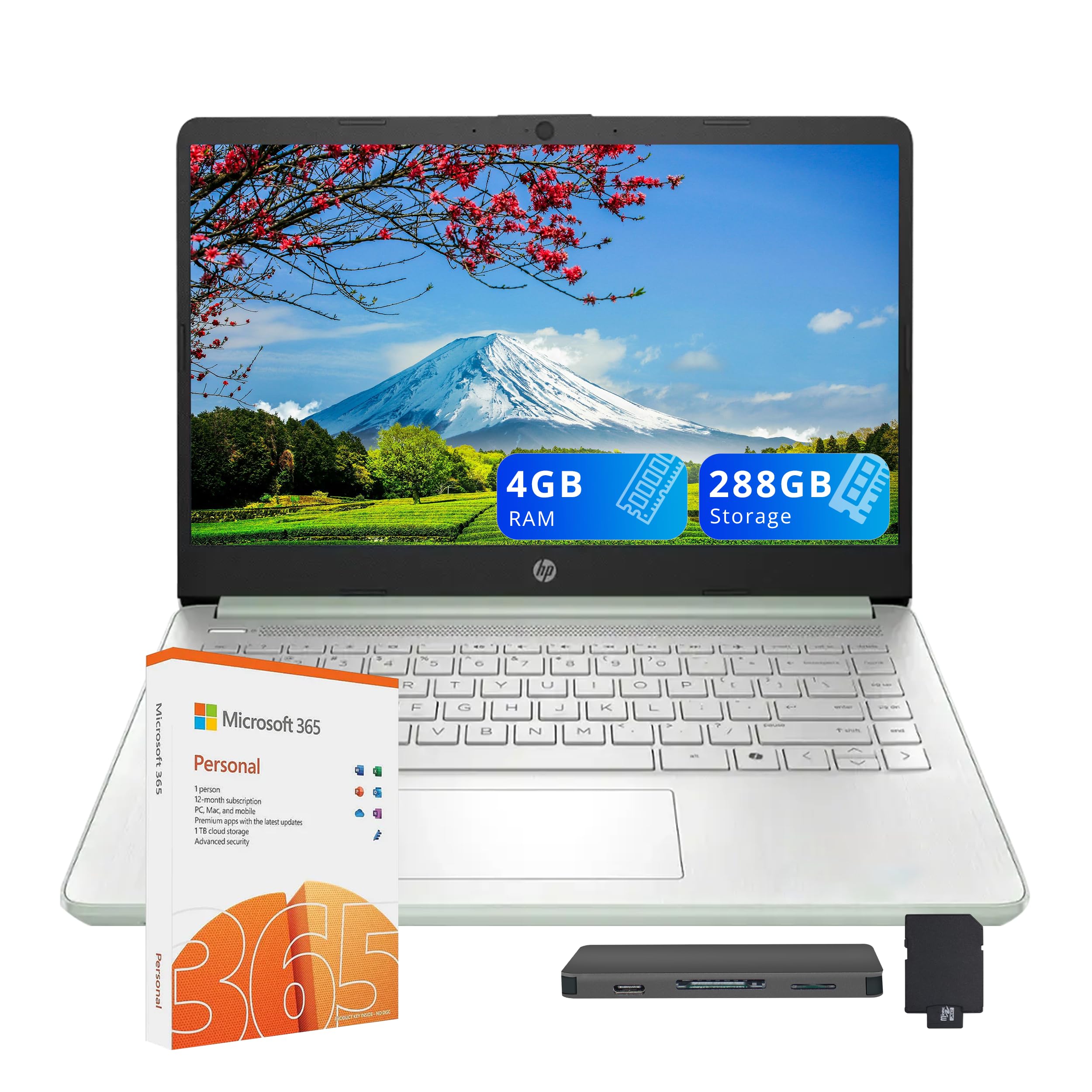 HP Stream 14" HD Laptops for Student & Business, Intel Processor N150, 4GB RAM, 288GB Storage (128GB UFS+160GB Docking Station Set), Copilot AI, 1-Year Office 365, 720p Camera, Win 11, Green