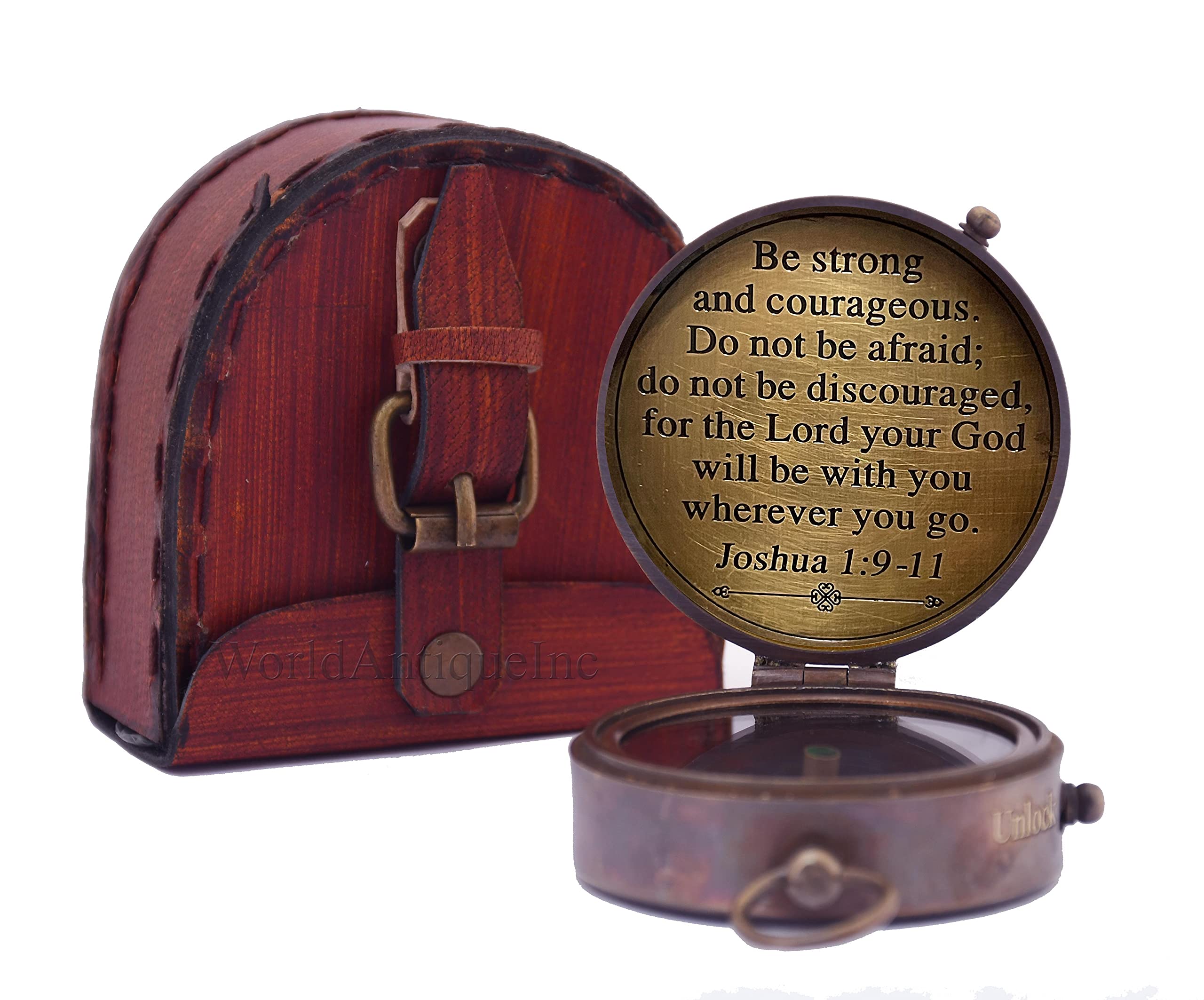 Brújula magnética direccional vintage náutica antigua con cita famosa de las Escrituras grabadas, regalos de bautismo con funda de cuero para seres queridos, hijo, padre, prometido. (Be Strong and