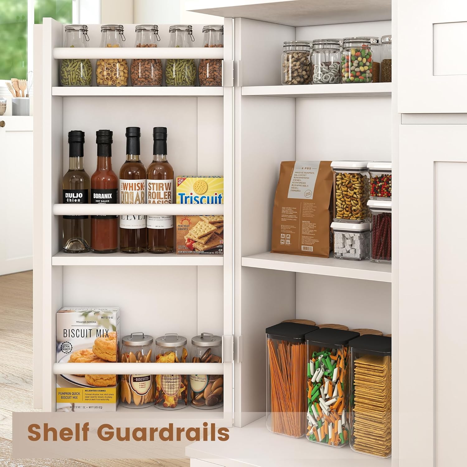 COCO DESIGN Kitchen Storage Cabinet, Pantry Cabinet with Fluted Glass Doors, White Freestanding Pantry Cabinet with Microwave Stand, Drawer & Adjustable Shelves, Kitchen Hutch for Dining Room Pantry