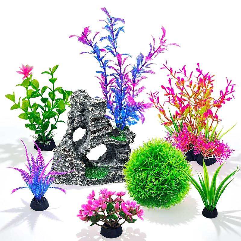Plantas artificiais para aquário de plástico com caverna decorativa Qifaord, pacote com 8