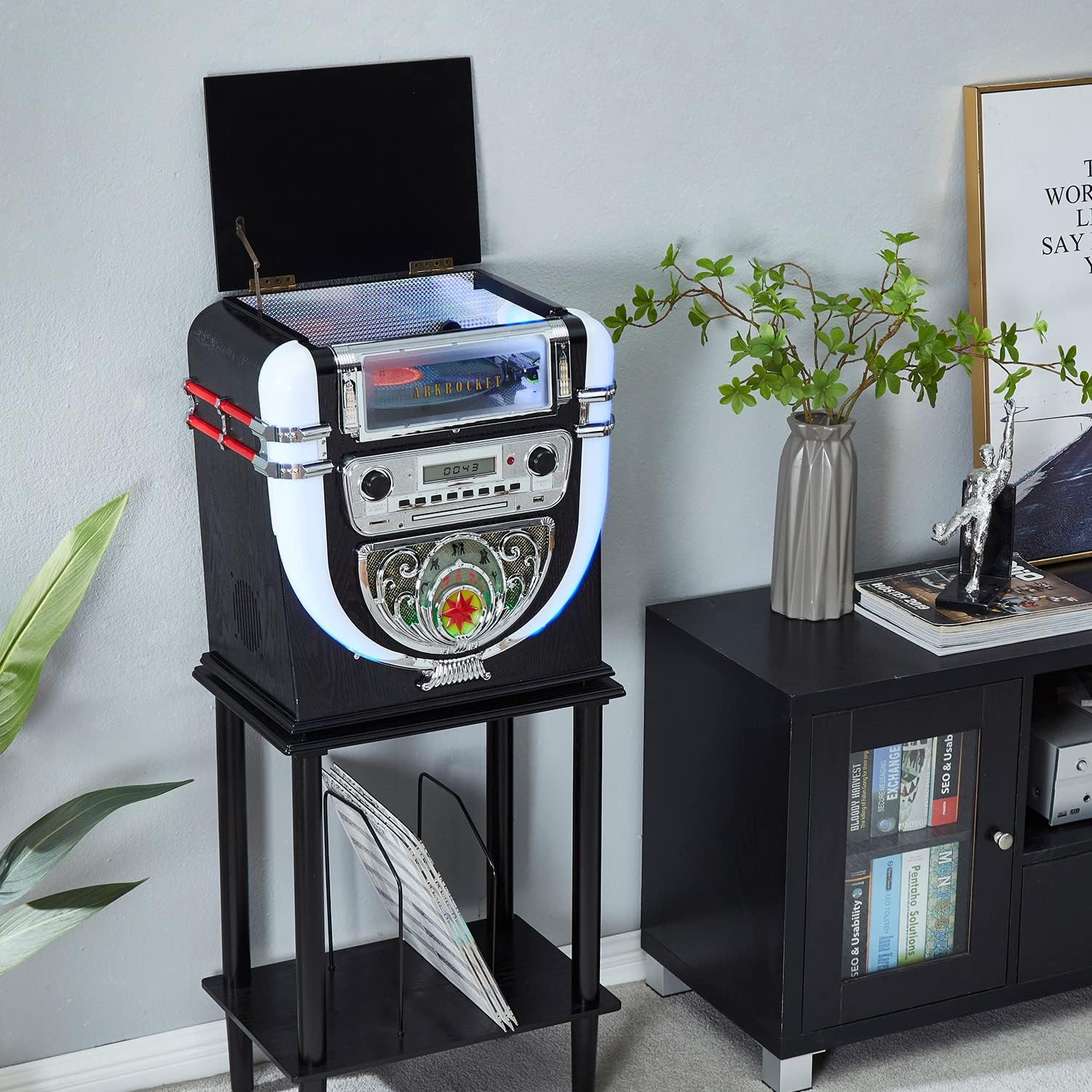 Arkrocket Boston Tabletop Jukebox Record Player Entertainment System with Stand Bluetooth CD Player FM Radio SD USB
