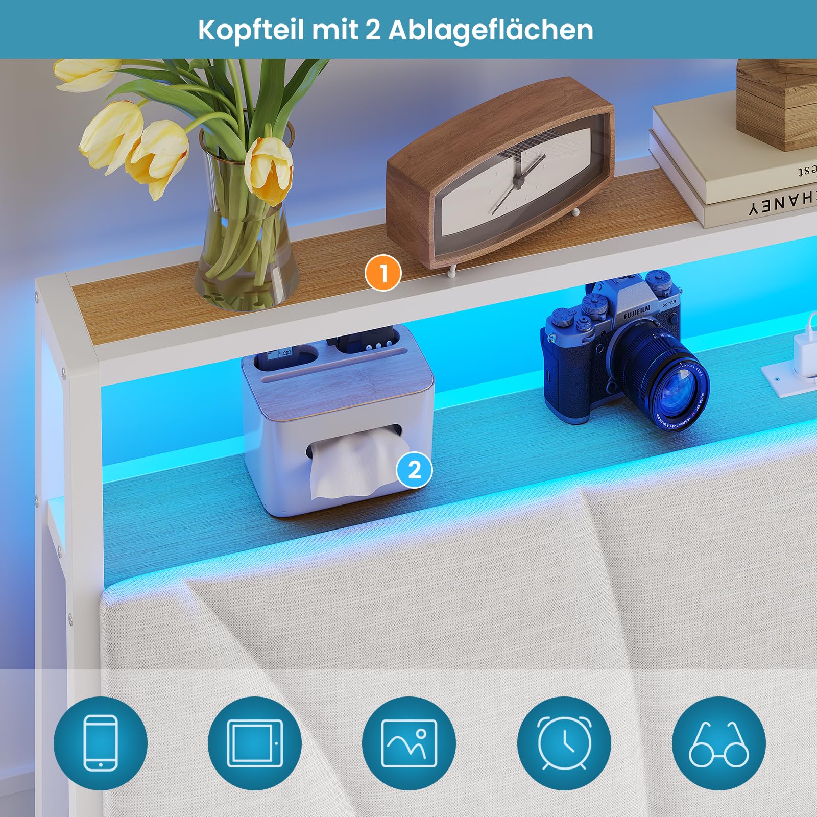 Brinlawb Bett 140x200 mit Lattenrost aus Metall, Bettgestell 140x200cm mit LED Beleuchtung Metallbett 140x200 mit Kopfteil & Ladestation(2 AC-Steckdosen& 2 USB-Anschlüsse) Jugendbett Doppelbett, Weiß